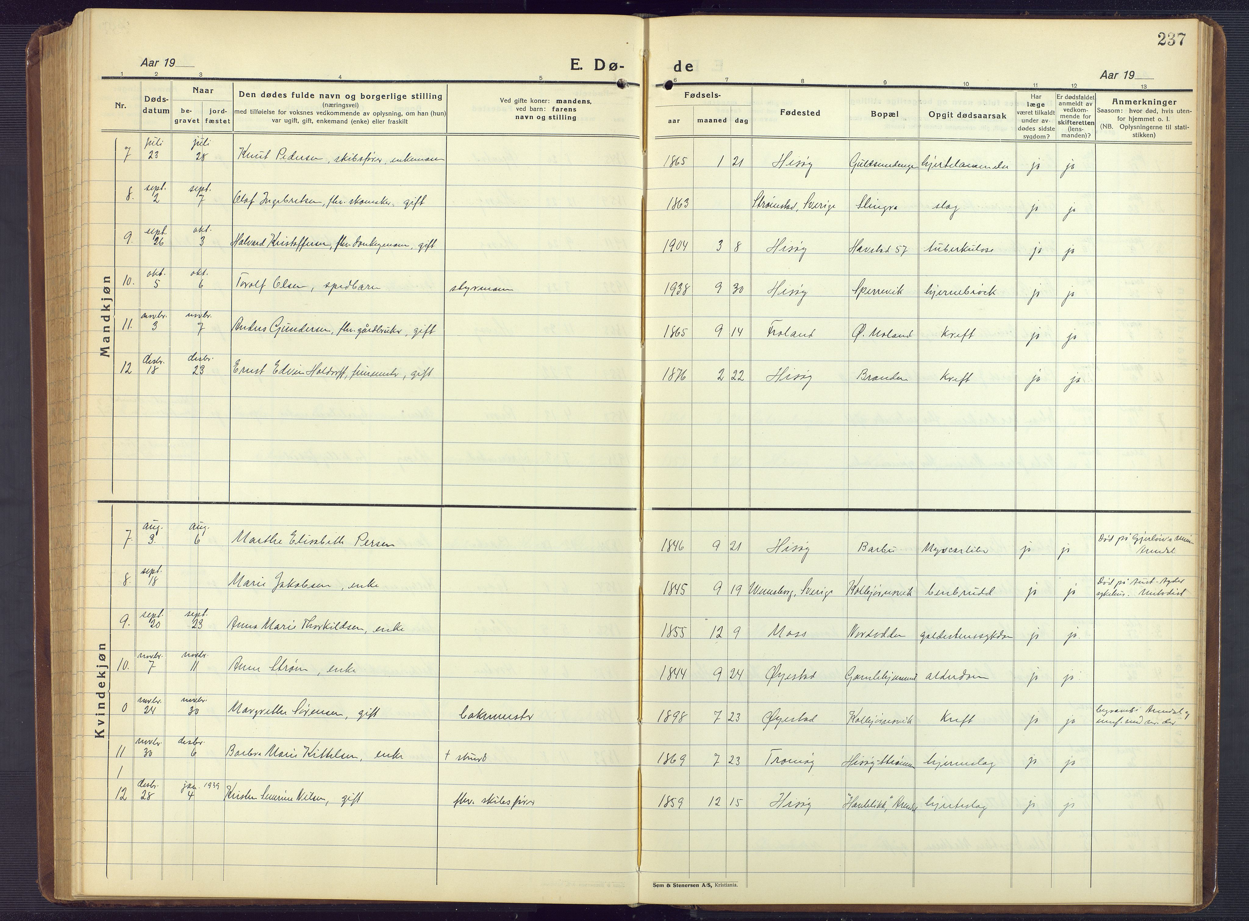 Hisøy sokneprestkontor, AV/SAK-1111-0020/F/Fb/L0005: Klokkerbok nr. B 5, 1924-1946, s. 237