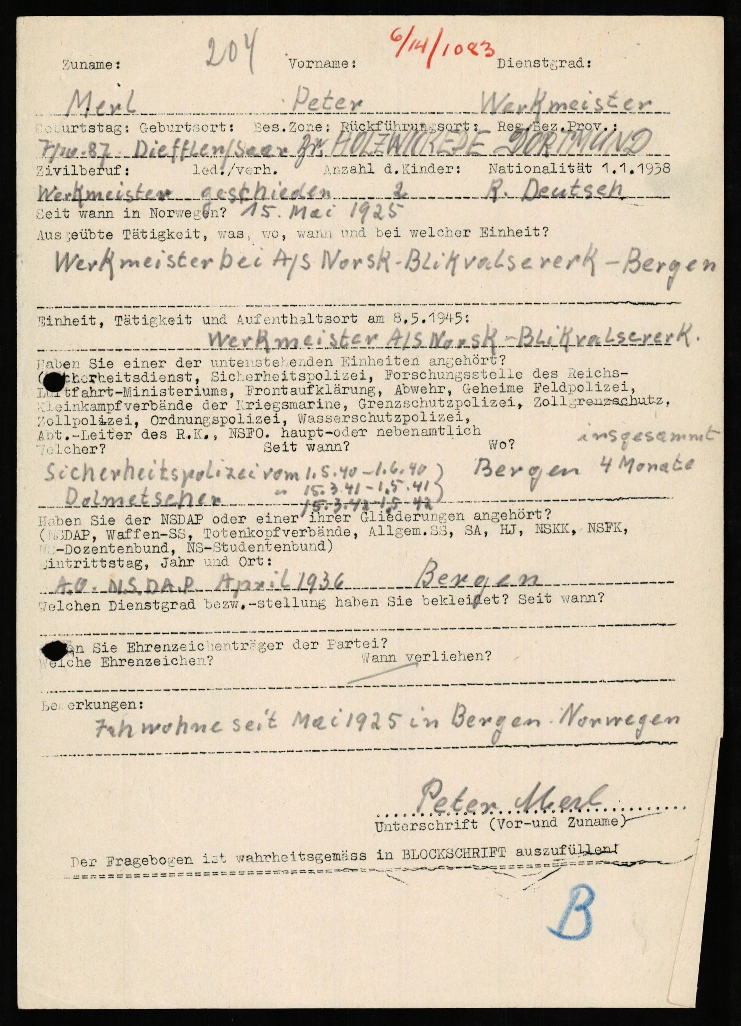 Forsvaret, Forsvarets overkommando II, AV/RA-RAFA-3915/D/Db/L0021: CI Questionaires. Tyske okkupasjonsstyrker i Norge. Tyskere., 1945-1946, s. 403