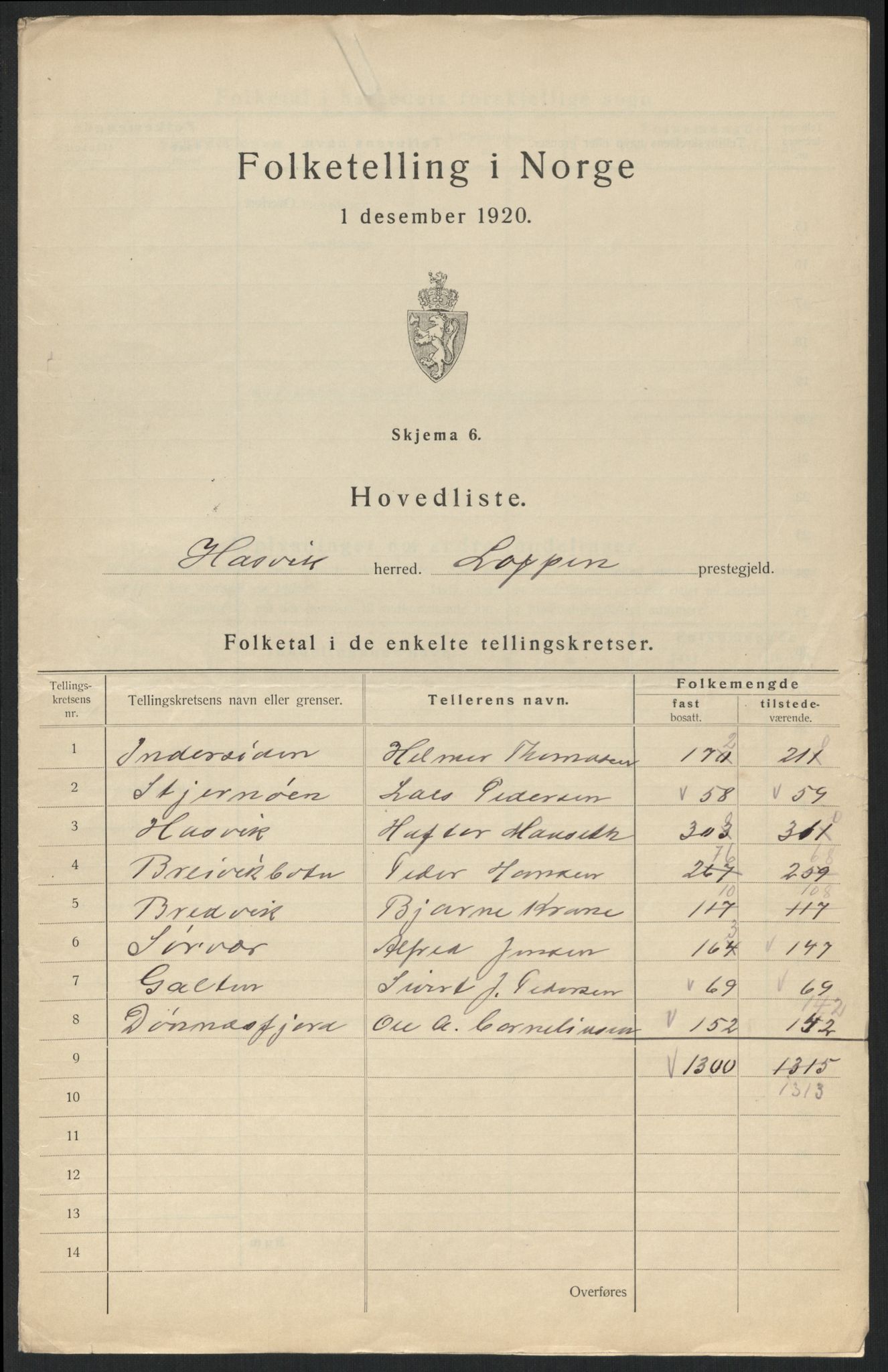 SATØ, Folketelling 1920 for 2015 Hasvik herred, 1920, s. 4