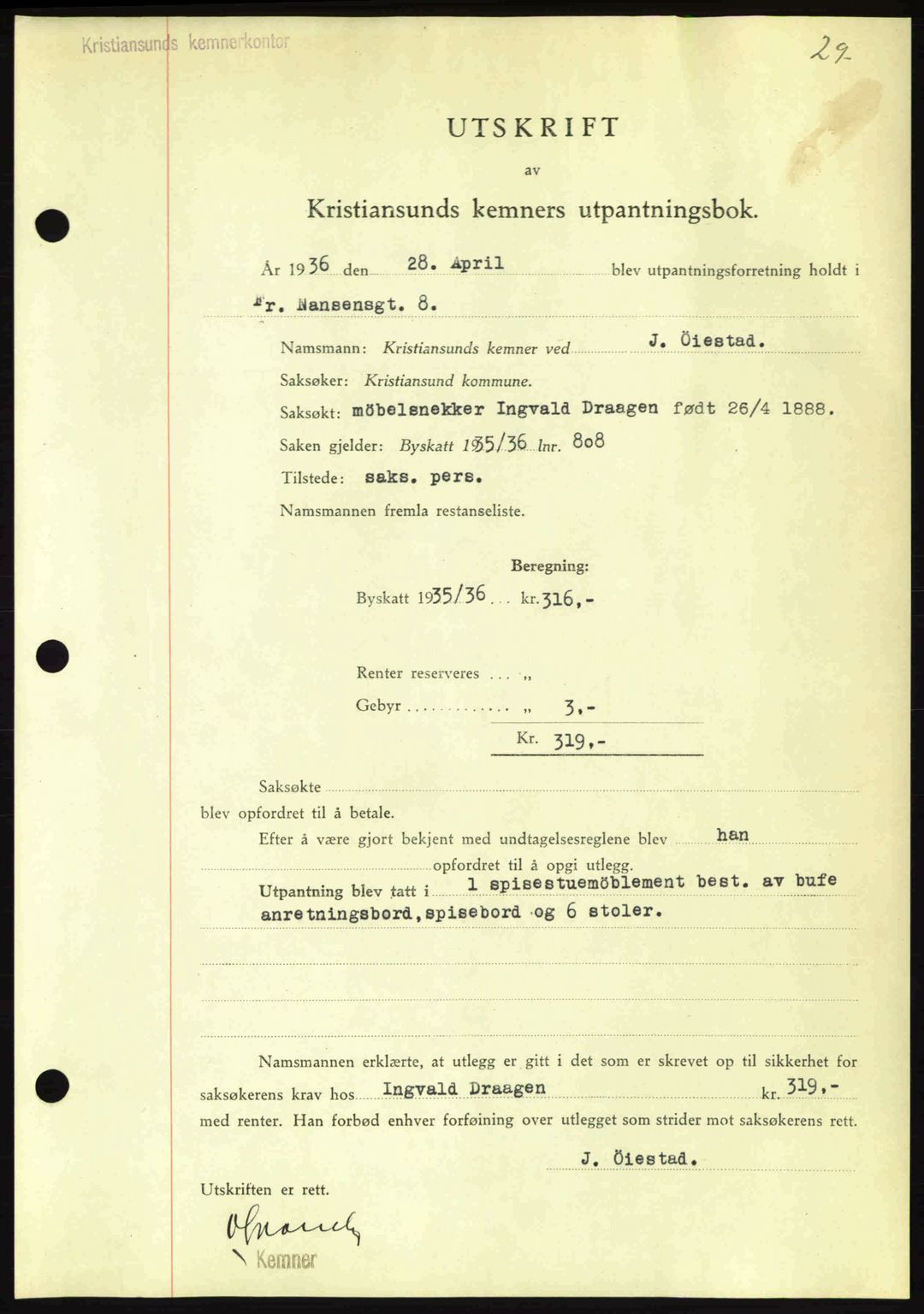 Kristiansund byfogd, AV/SAT-A-4587/A/27: Pantebok nr. 29, 1936-1937, Dagboknr: 326/1936