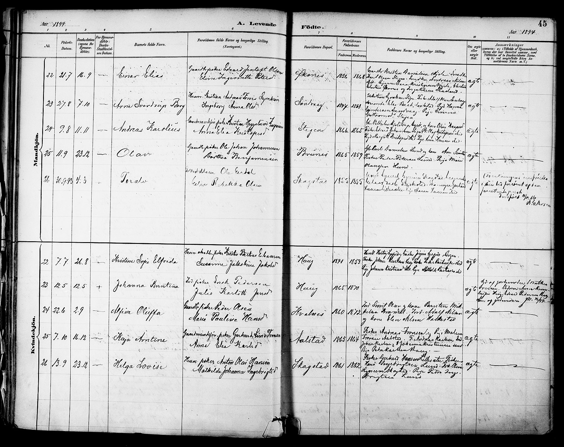 Ministerialprotokoller, klokkerbøker og fødselsregistre - Nordland, AV/SAT-A-1459/855/L0803: Ministerialbok nr. 855A11, 1887-1905, s. 45
