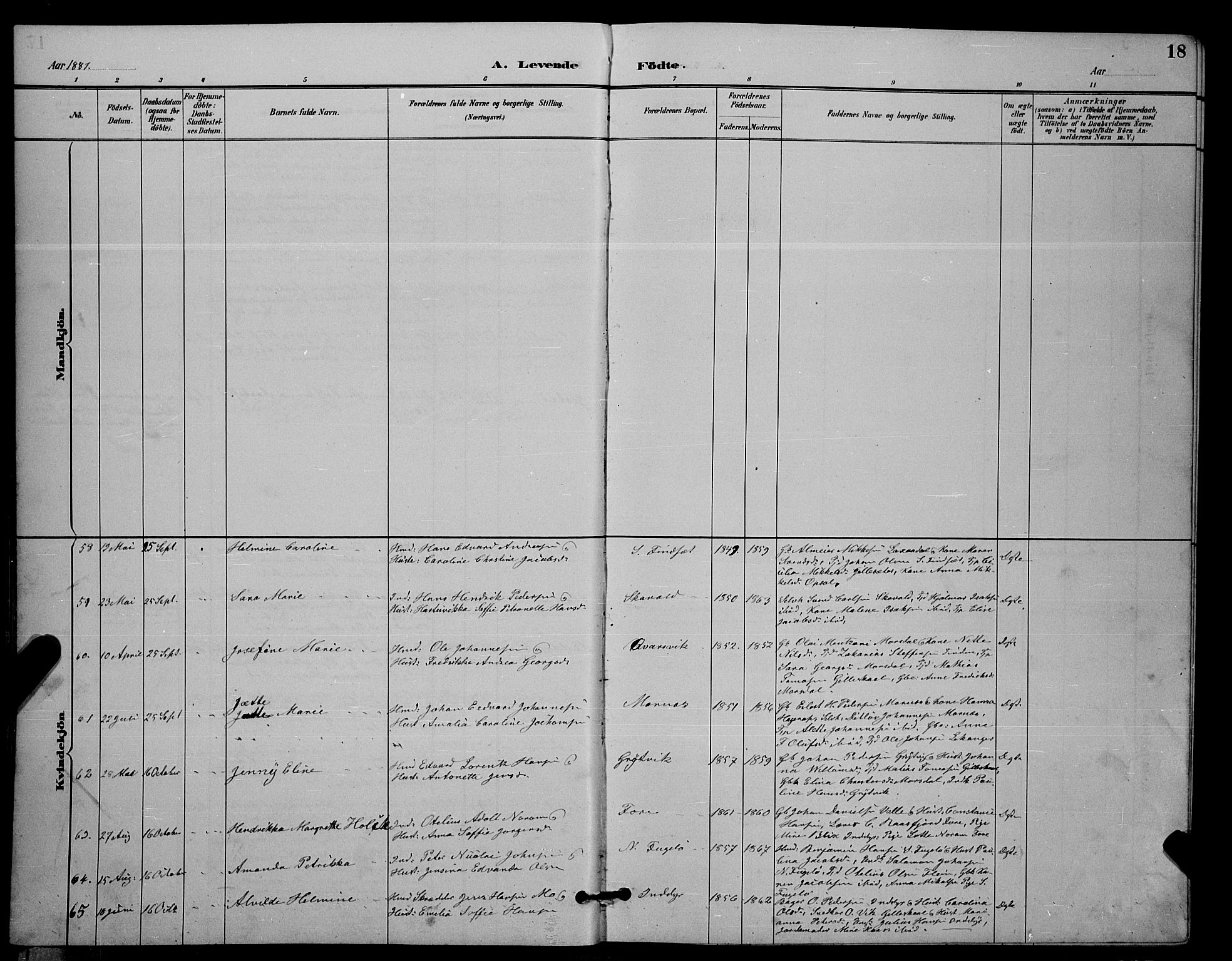 Ministerialprotokoller, klokkerbøker og fødselsregistre - Nordland, SAT/A-1459/805/L0108: Klokkerbok nr. 805C04, 1885-1899, s. 18