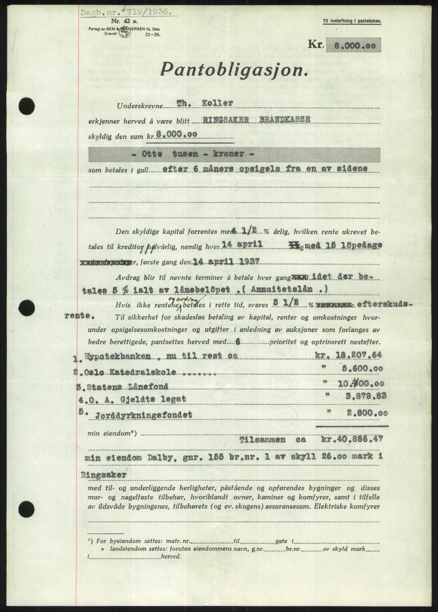 Nord-Hedmark sorenskriveri, SAH/TING-012/H/Hb/Hbf/L0001: Pantebok nr. B1, 1936-1936, Dagboknr: 719/1936