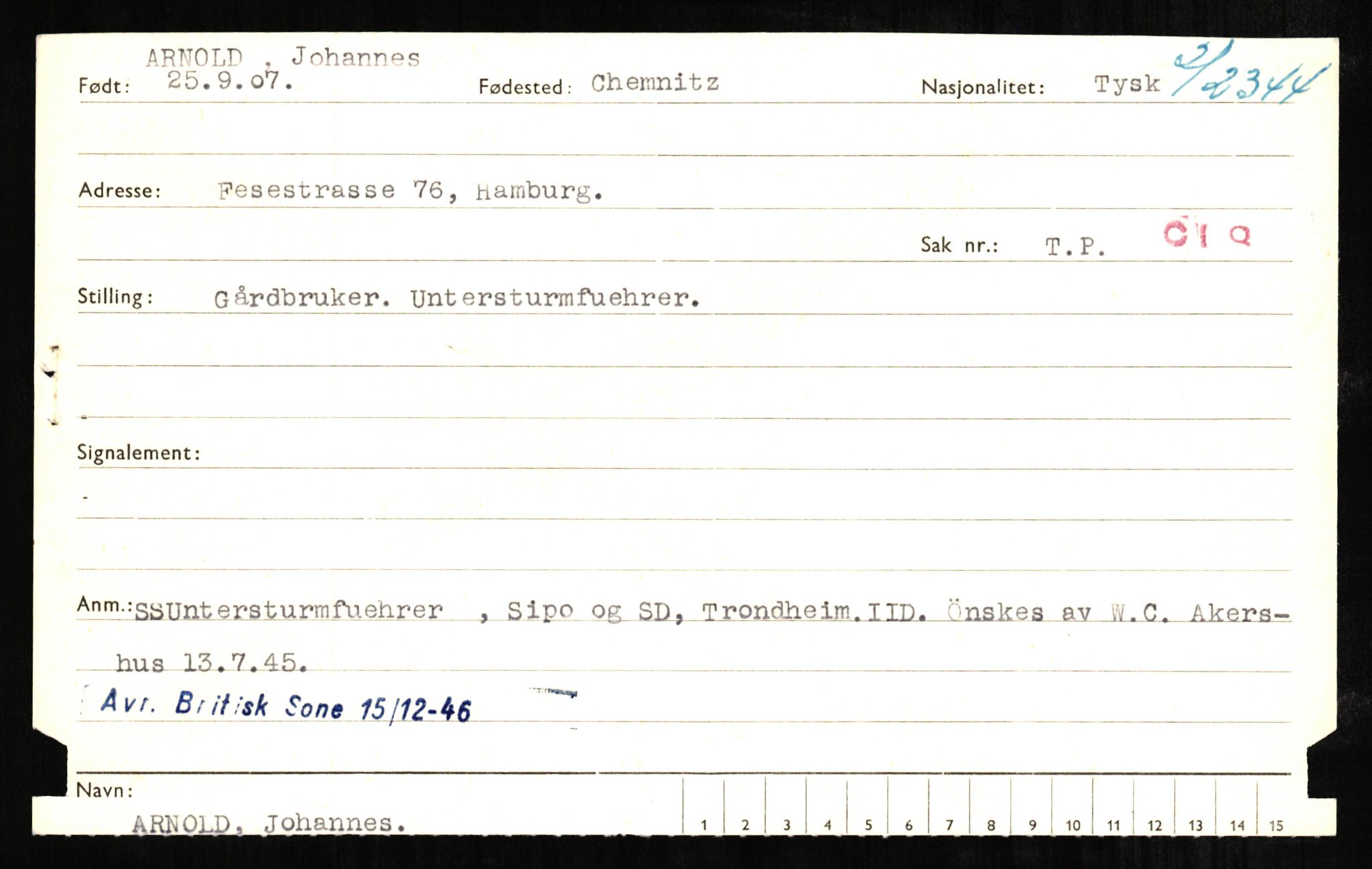 Forsvaret, Forsvarets overkommando II, AV/RA-RAFA-3915/D/Db/L0001: CI Questionaires. Tyske okkupasjonsstyrker i Norge. Tyskere., 1945-1946, s. 346