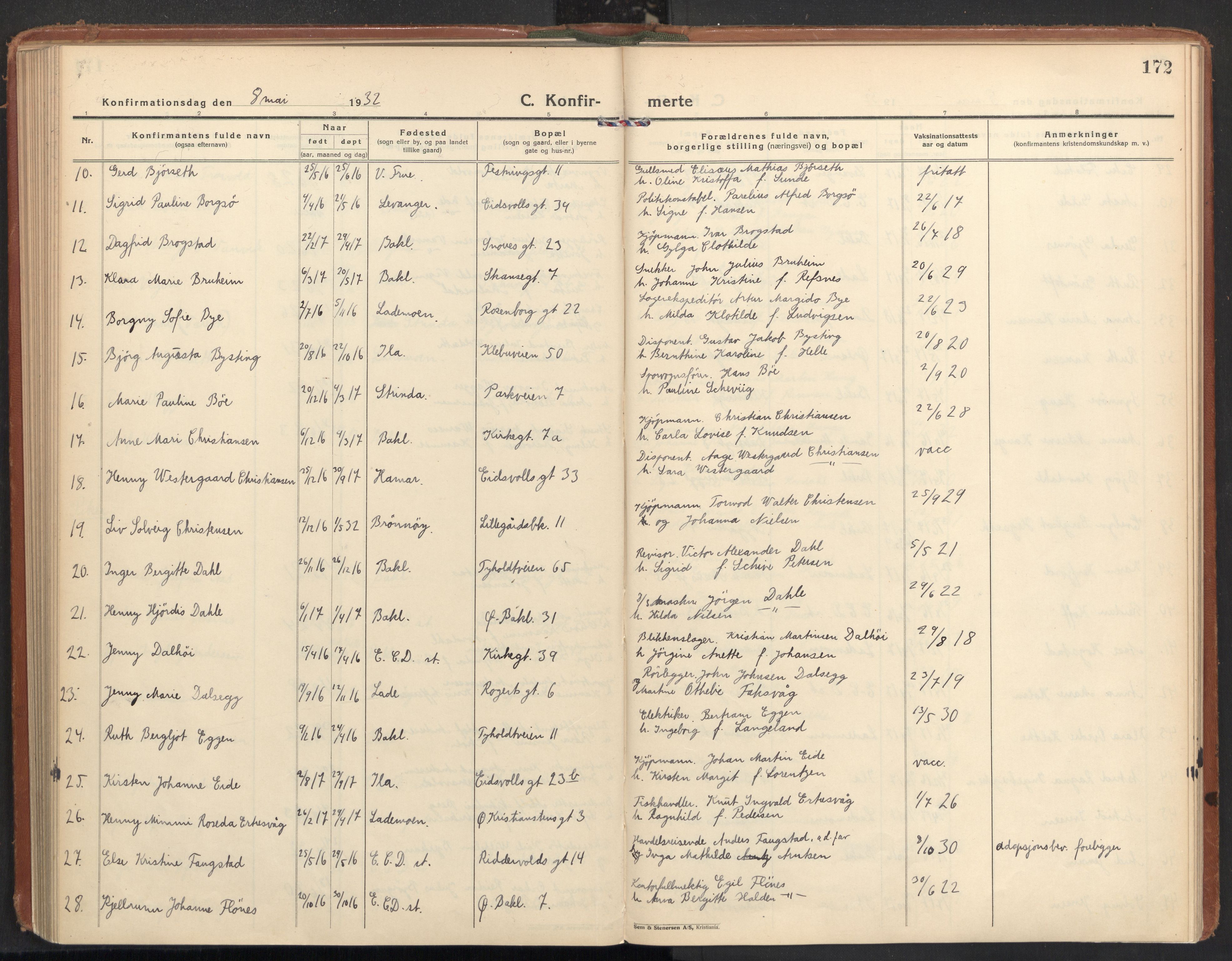 Ministerialprotokoller, klokkerbøker og fødselsregistre - Sør-Trøndelag, AV/SAT-A-1456/604/L0208: Ministerialbok nr. 604A28, 1923-1937, s. 172