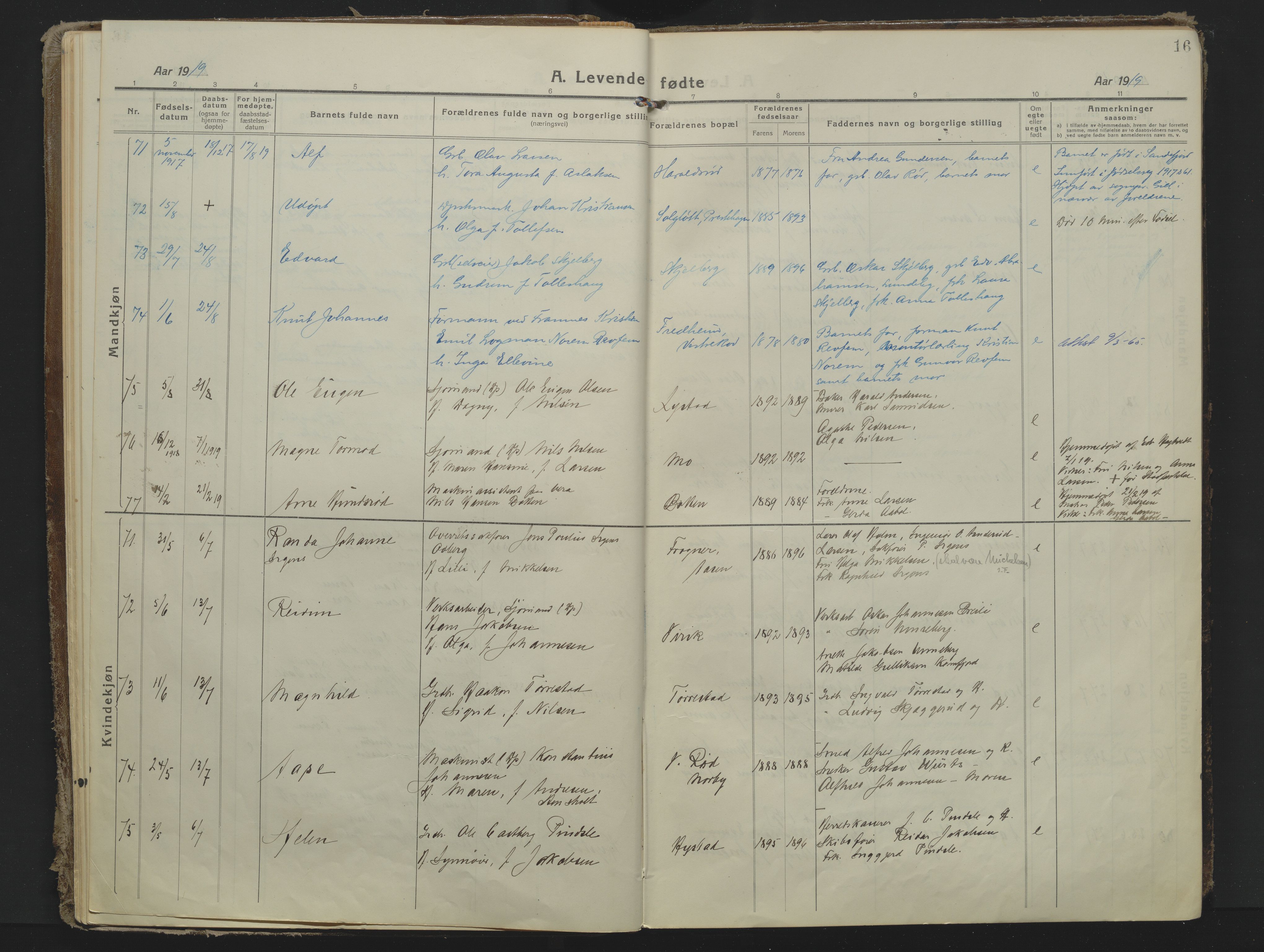 Sandar kirkebøker, AV/SAKO-A-243/F/Fa/L0022: Ministerialbok nr. 22, 1919-1931, s. 16
