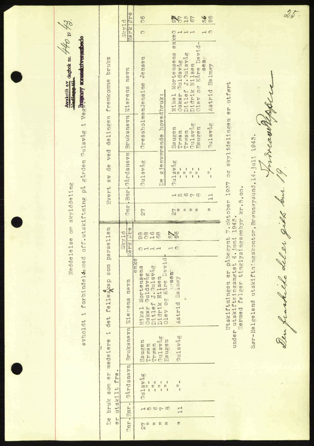 Brønnøy sorenskriveri, SAT/A-4170/1/2/2C: Pantebok nr. 23, 1943-1944, Dagboknr: 440/1943