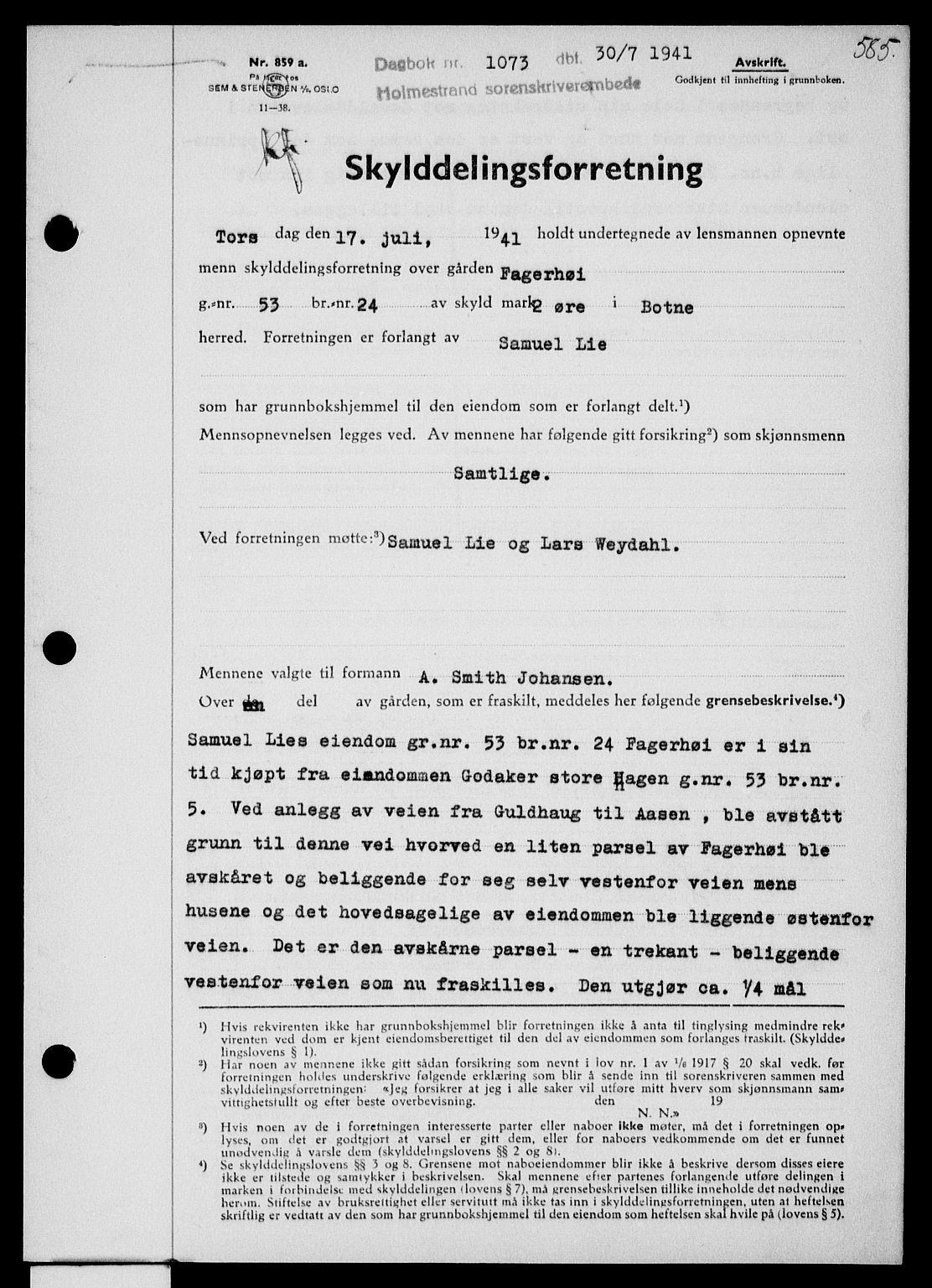 Holmestrand sorenskriveri, SAKO/A-67/G/Ga/Gaa/L0053: Pantebok nr. A-53, 1941-1941, Dagboknr: 1073/1941