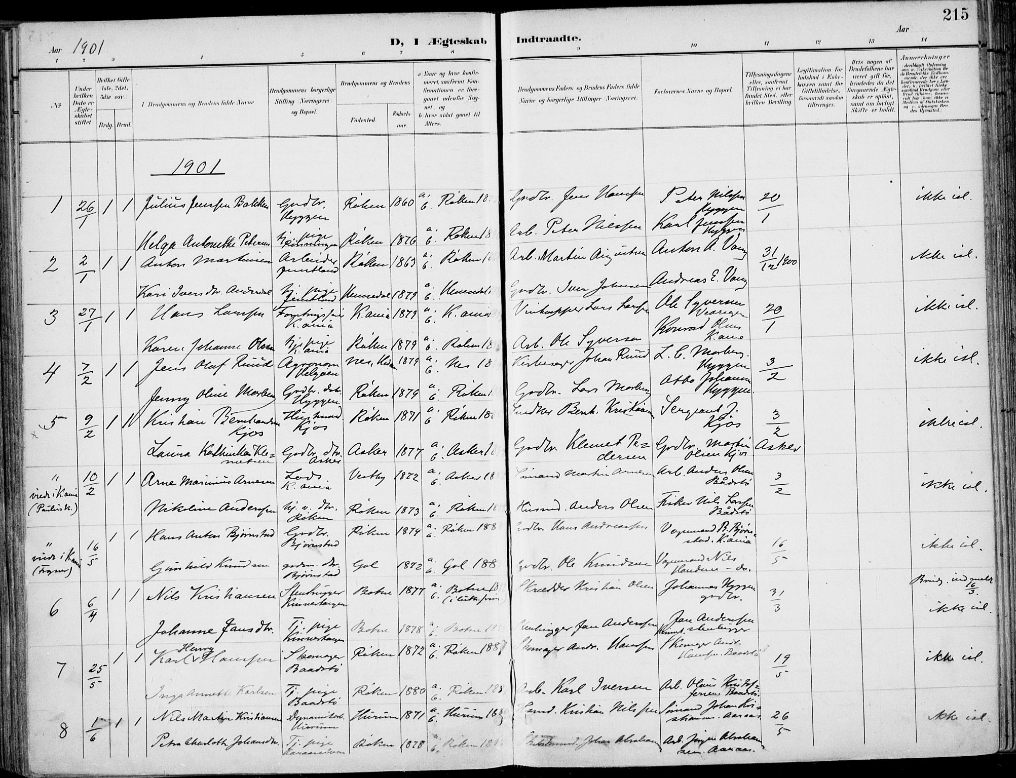Røyken kirkebøker, AV/SAKO-A-241/F/Fa/L0009: Ministerialbok nr. 9, 1898-1911, s. 215