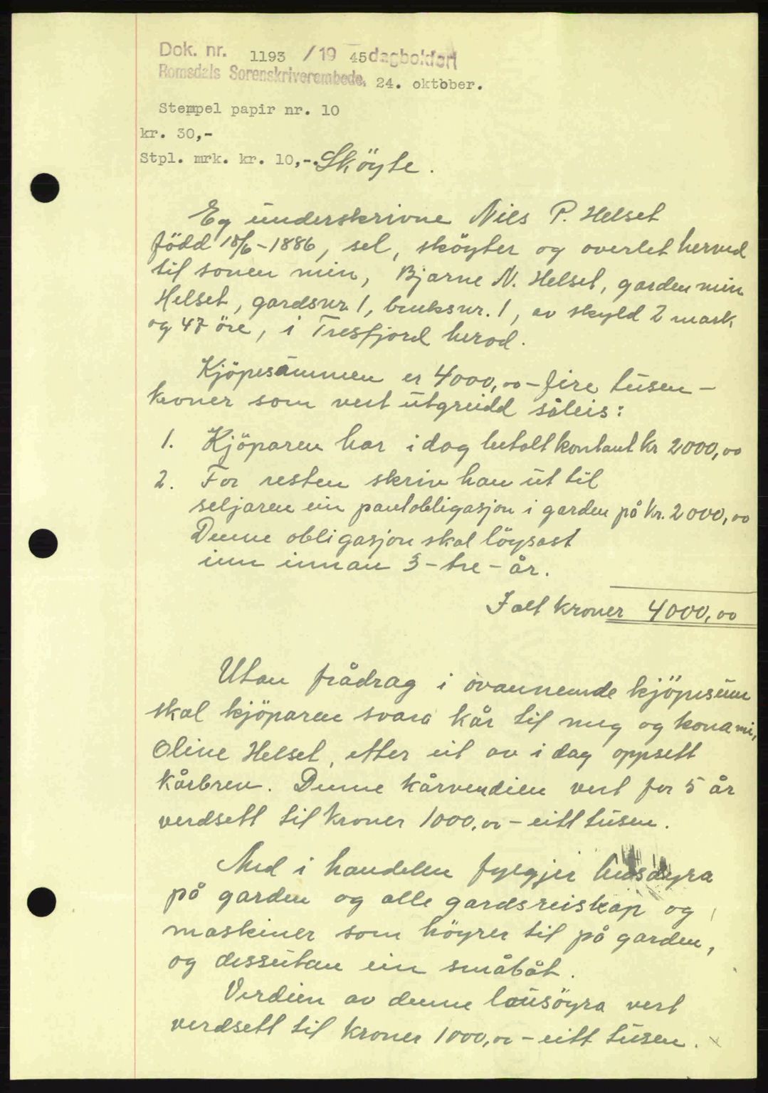 Romsdal sorenskriveri, SAT/A-4149/1/2/2C: Pantebok nr. A18, 1945-1945, Dagboknr: 1193/1945