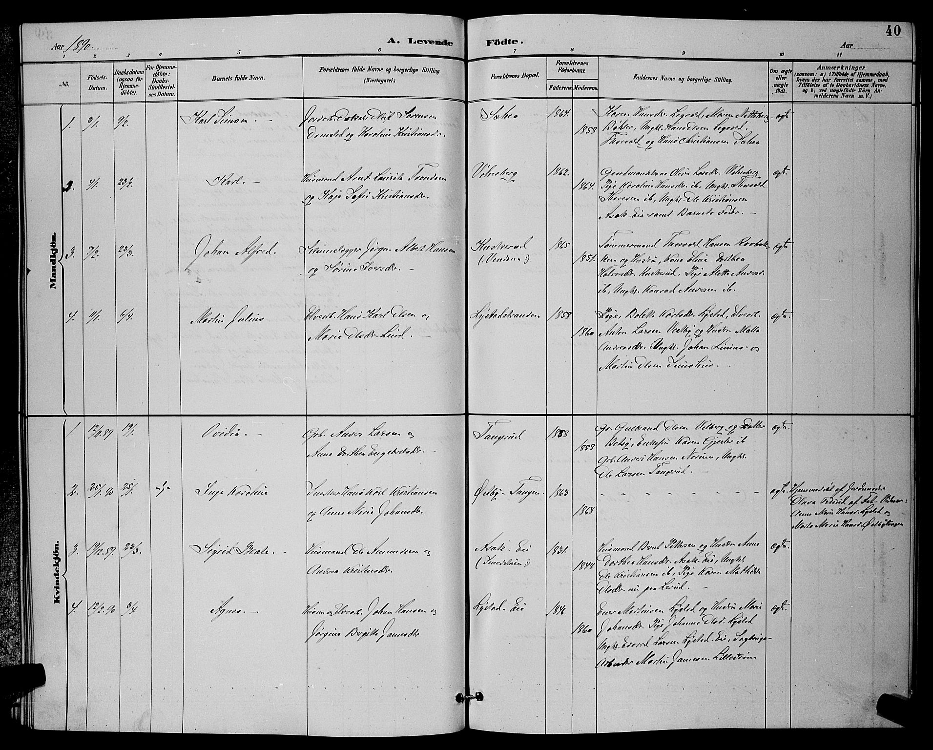 Sørum prestekontor Kirkebøker, AV/SAO-A-10303/G/Ga/L0005: Klokkerbok nr. I 5.1, 1886-1894, s. 40