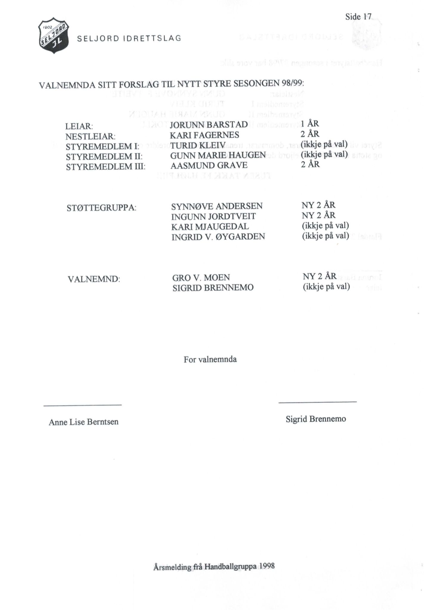 Seljord Idrettslag, VTM/A-1034/A/Ab/L0002: Årsmeldingar, 1998, s. 17