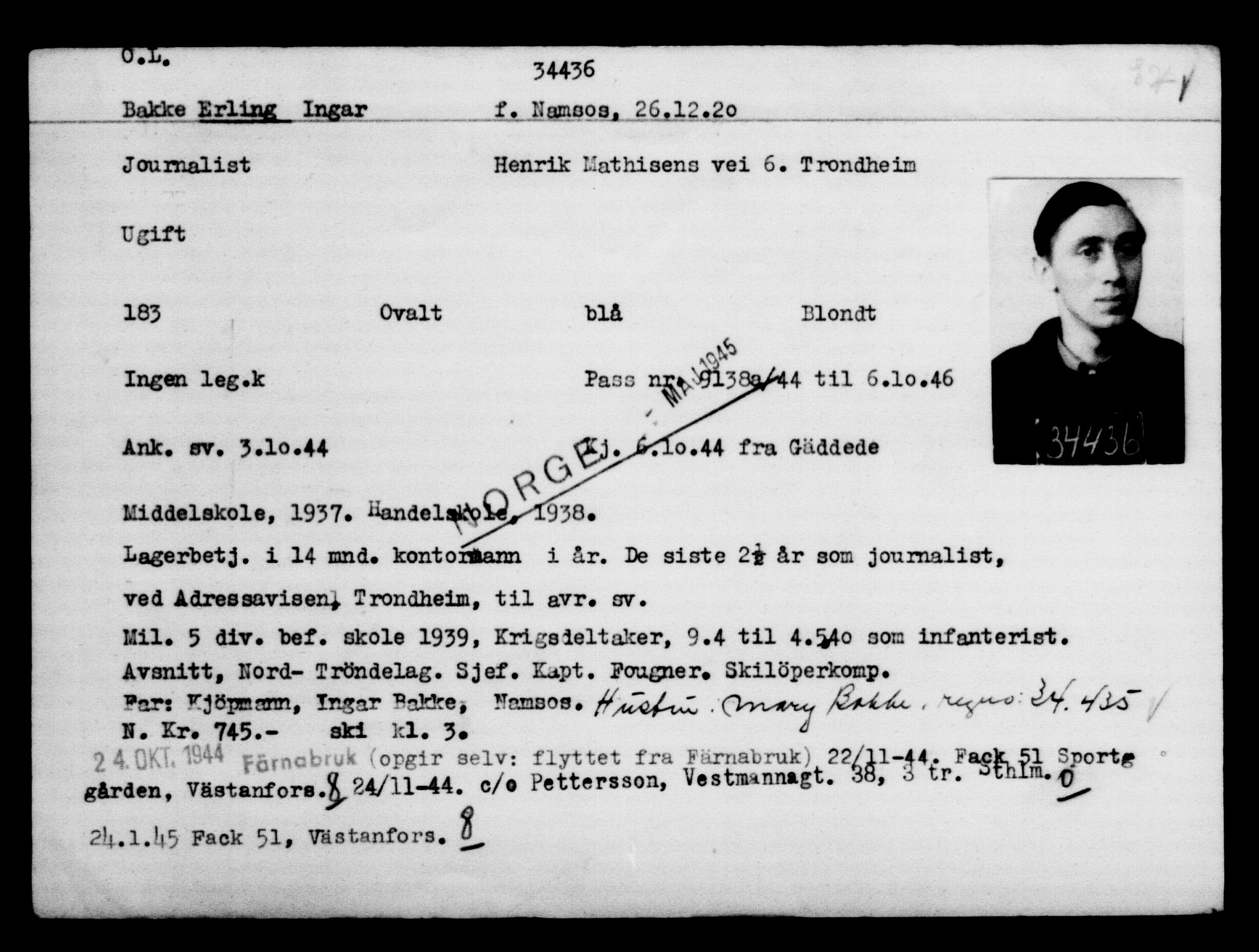 Utenriksstasjonene, Legasjonen i Stockholm, Flyktningkontoret, AV/RA-S-6753/V/Va/L0013: Kjesäterkartoteket, flyktninger med registreringsnr. 31500-34731, 1940-1945, s. 3090