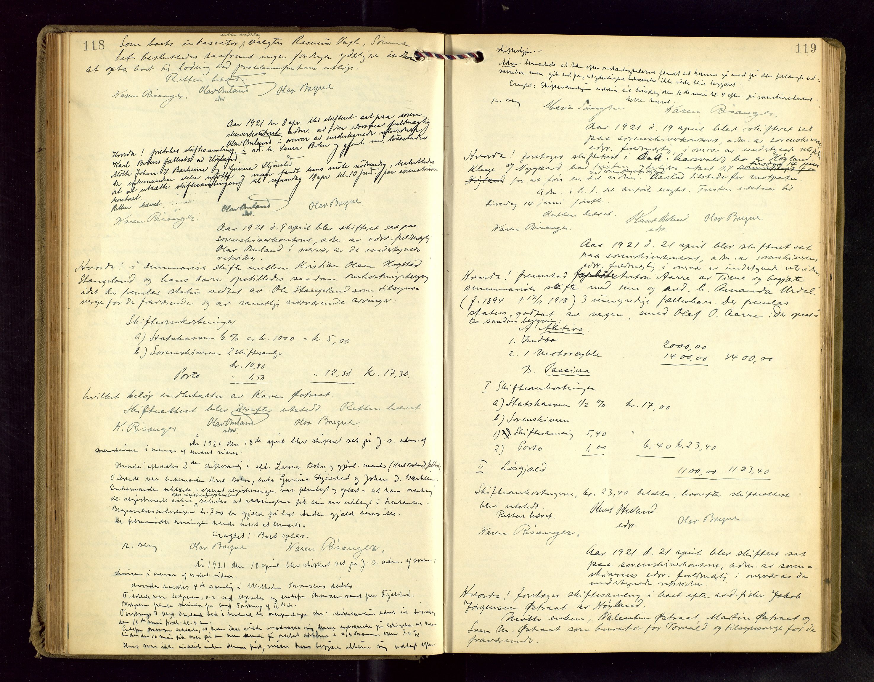 Jæren sorenskriveri, AV/SAST-A-100310/01/5/53/53BA/L0004: SKIFTEFORHANDLINGSPROTOKOLL, 1919-1925, s. 118-119