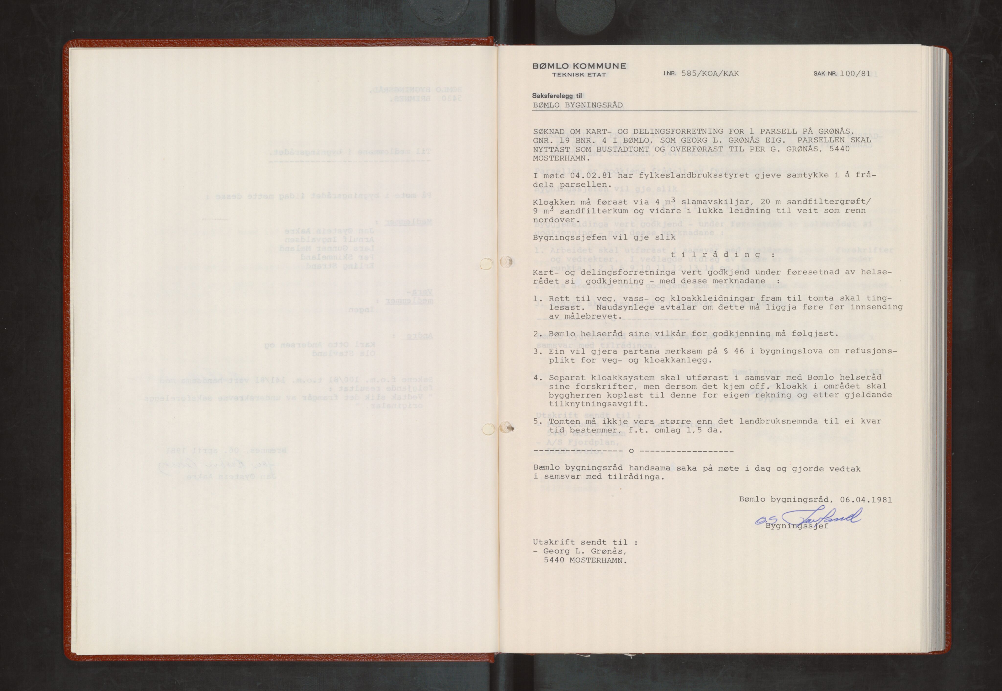 Bømlo kommune. Bygningsrådet , IKAH/1219-511/A/Aa/L0027: Møtebok for Bømlo bygningsråd, 1981