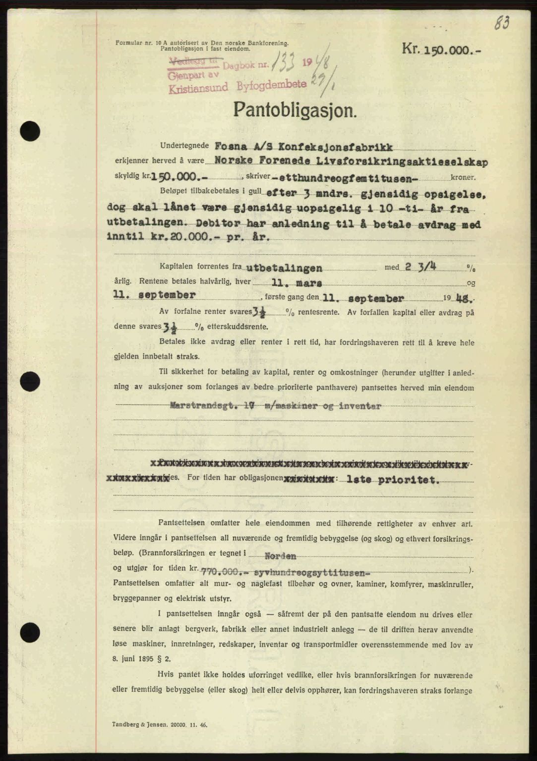 Kristiansund byfogd, AV/SAT-A-4587/A/27: Pantebok nr. 44, 1947-1948, Dagboknr: 133/1948