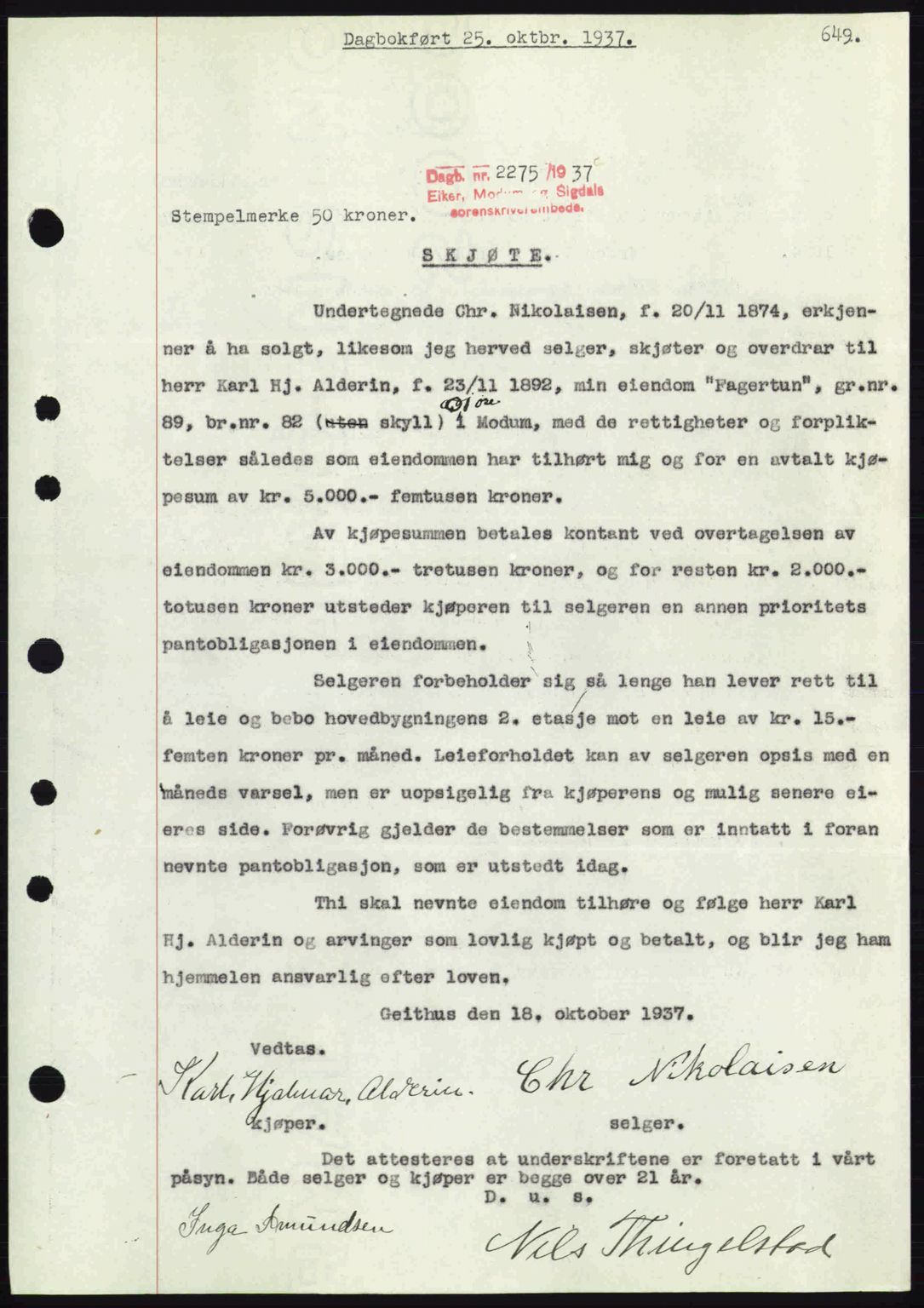 Eiker, Modum og Sigdal sorenskriveri, SAKO/A-123/G/Ga/Gab/L0036: Pantebok nr. A6, 1937-1937, Dagboknr: 2275/1937