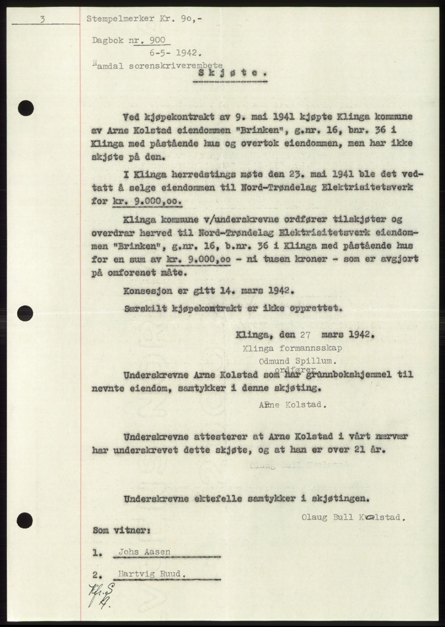 Namdal sorenskriveri, SAT/A-4133/1/2/2C: Pantebok nr. -, 1941-1942, Dagboknr: 900/1942