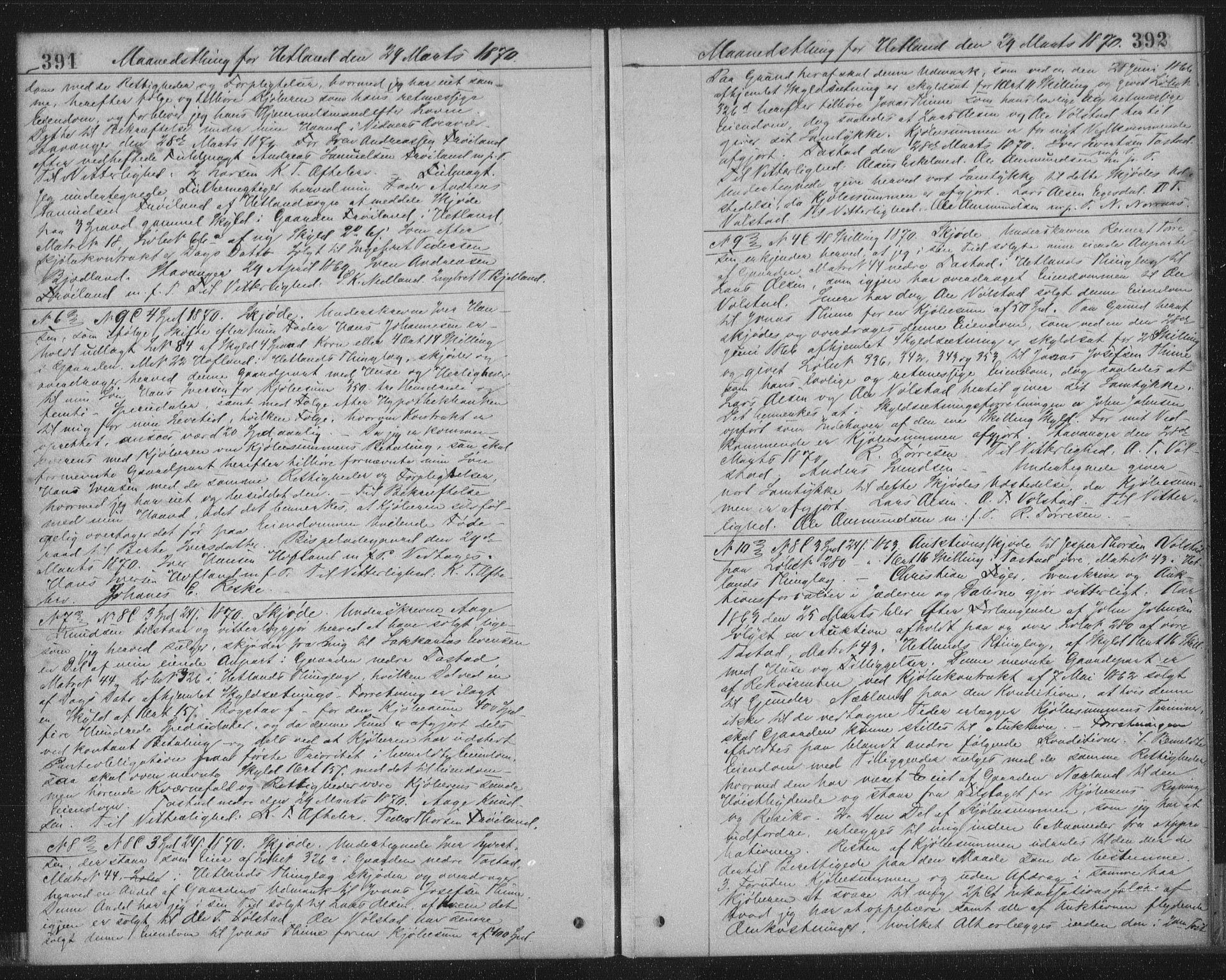 Jæren sorenskriveri, SAST/A-100310/01/4/41/41BF/L0001: Pantebok nr. 9, 1869-1871, s. 391-392