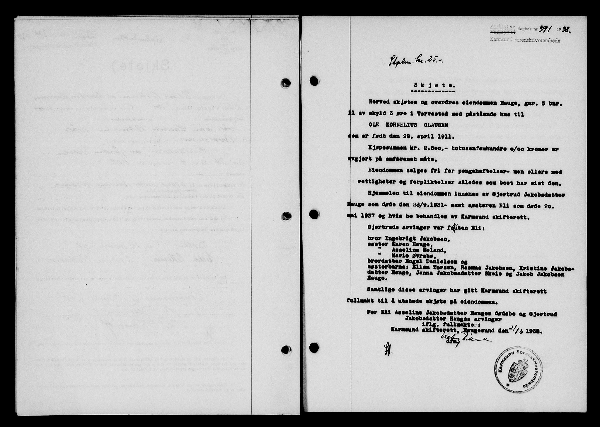 Karmsund sorenskriveri, SAST/A-100311/01/II/IIB/L0069: Pantebok nr. 50A, 1937-1938, Dagboknr: 391/1938