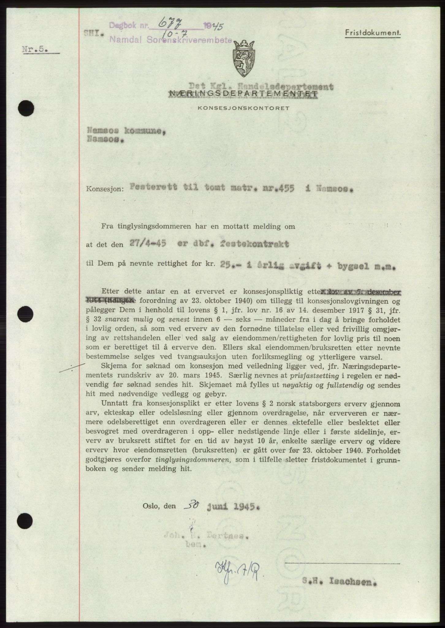 Namdal sorenskriveri, SAT/A-4133/1/2/2C: Pantebok nr. -, 1944-1945, Dagboknr: 677/1945