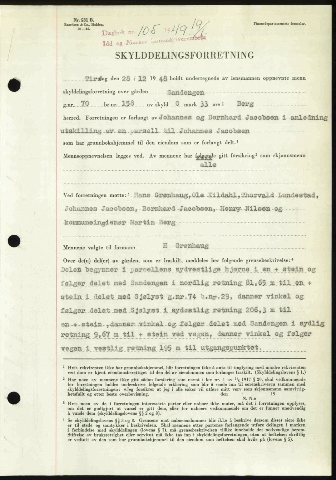 Idd og Marker sorenskriveri, AV/SAO-A-10283/G/Gb/Gbb/L0011: Pantebok nr. A11, 1948-1949, Dagboknr: 105/1949