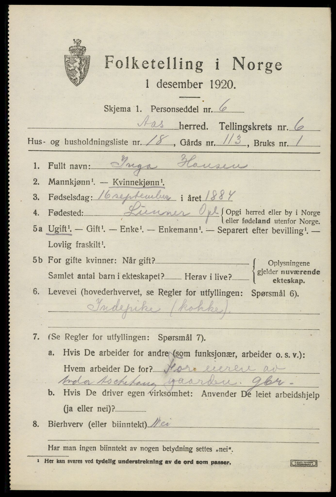 SAO, Folketelling 1920 for 0214 Ås herred, 1920, s. 7036