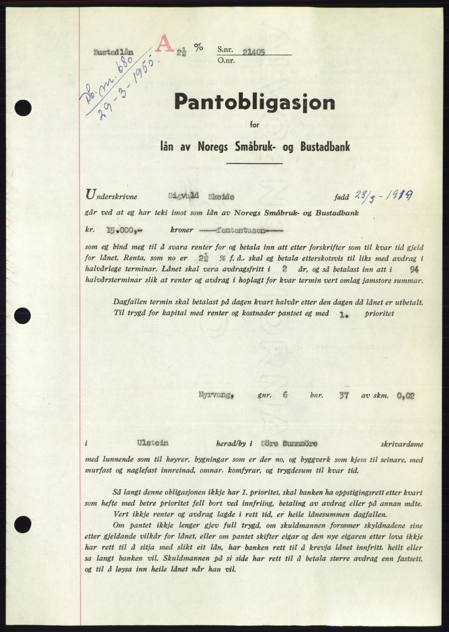 Søre Sunnmøre sorenskriveri, AV/SAT-A-4122/1/2/2C/L0126: Pantebok nr. 14B, 1954-1955, Dagboknr: 680/1955