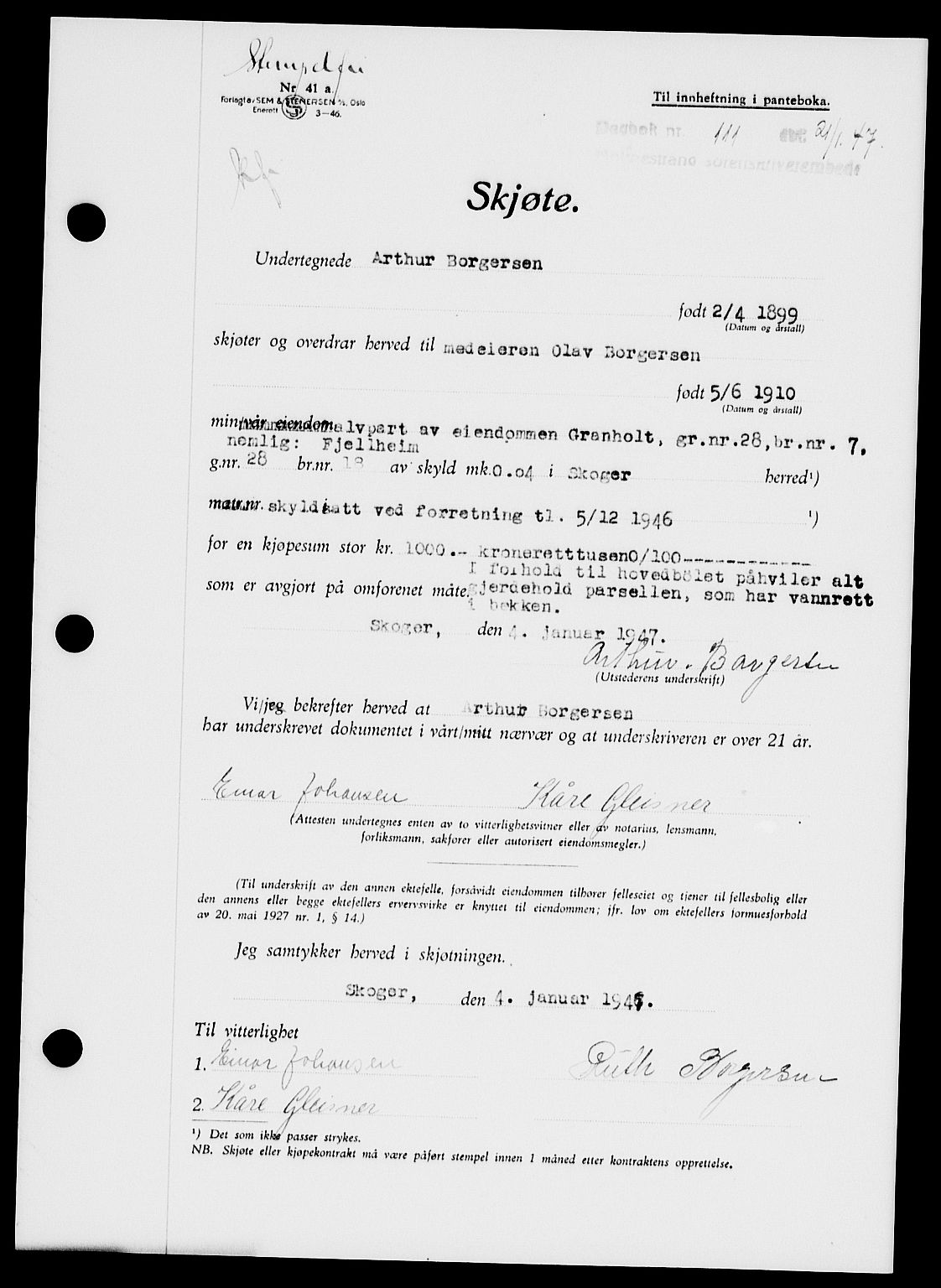 Holmestrand sorenskriveri, SAKO/A-67/G/Ga/Gaa/L0061: Pantebok nr. A-61, 1946-1947, Dagboknr: 111/1947