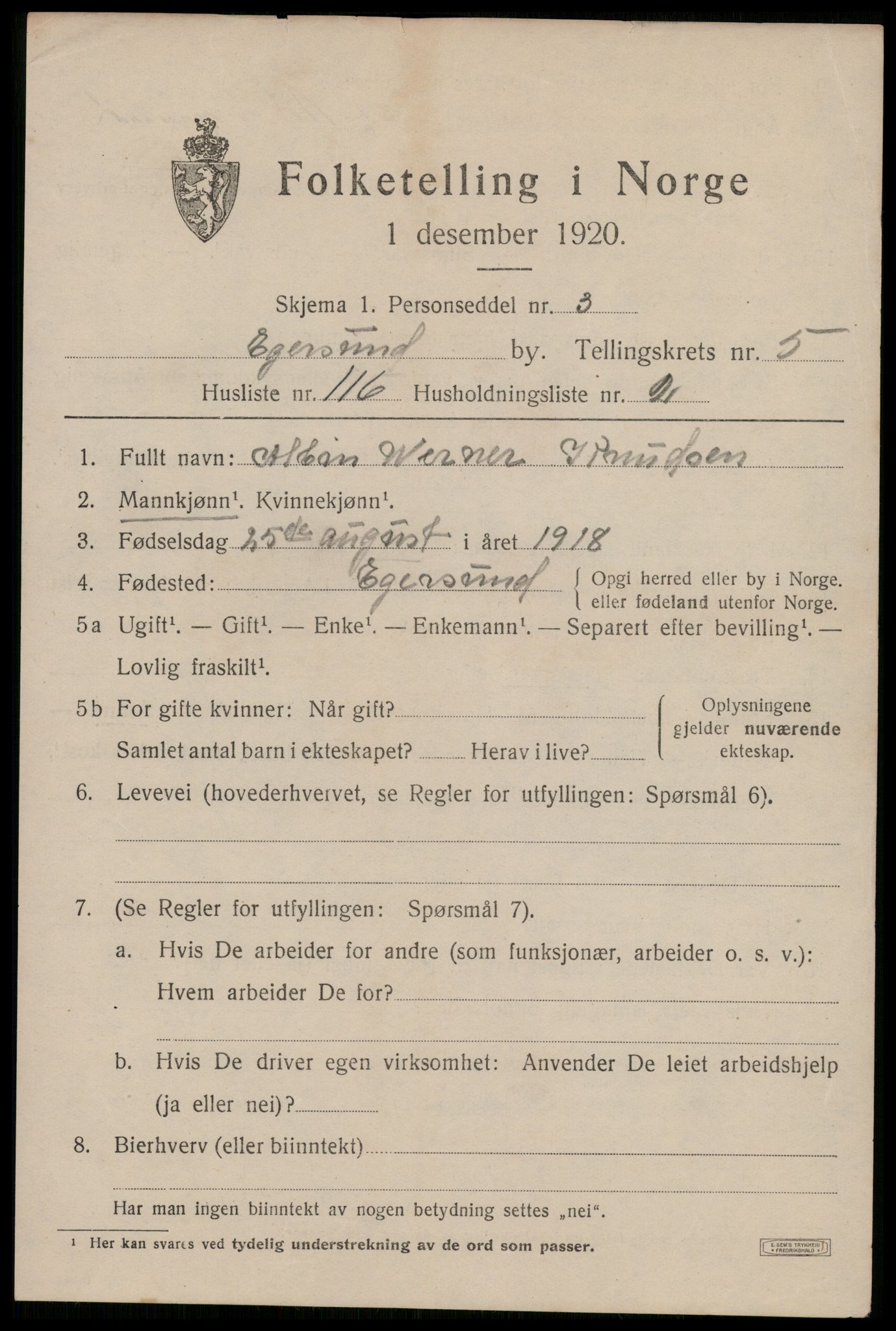 SAST, Folketelling 1920 for 1101 Egersund ladested, 1920, s. 9702