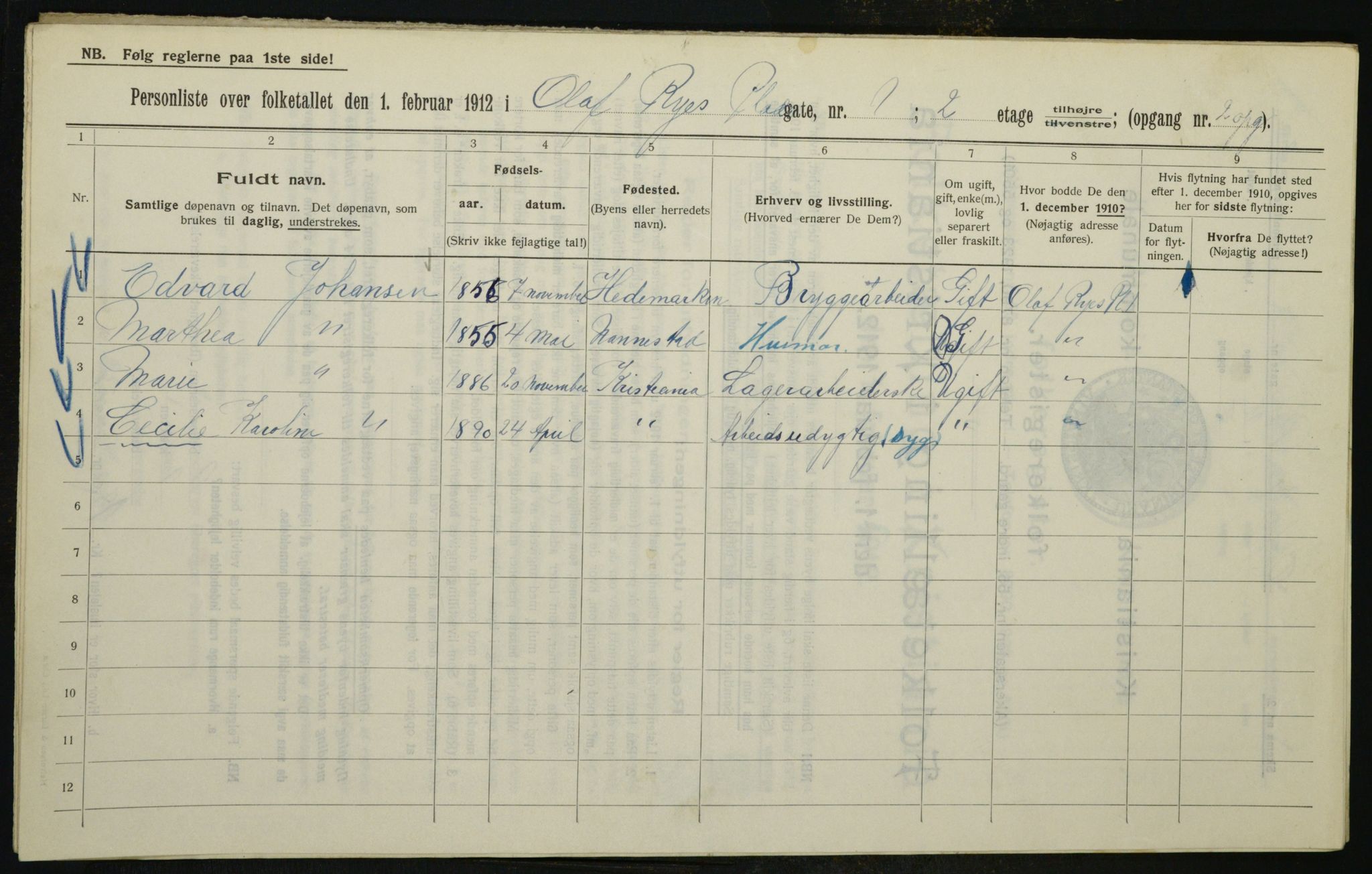 OBA, Kommunal folketelling 1.2.1912 for Kristiania, 1912, s. 75640