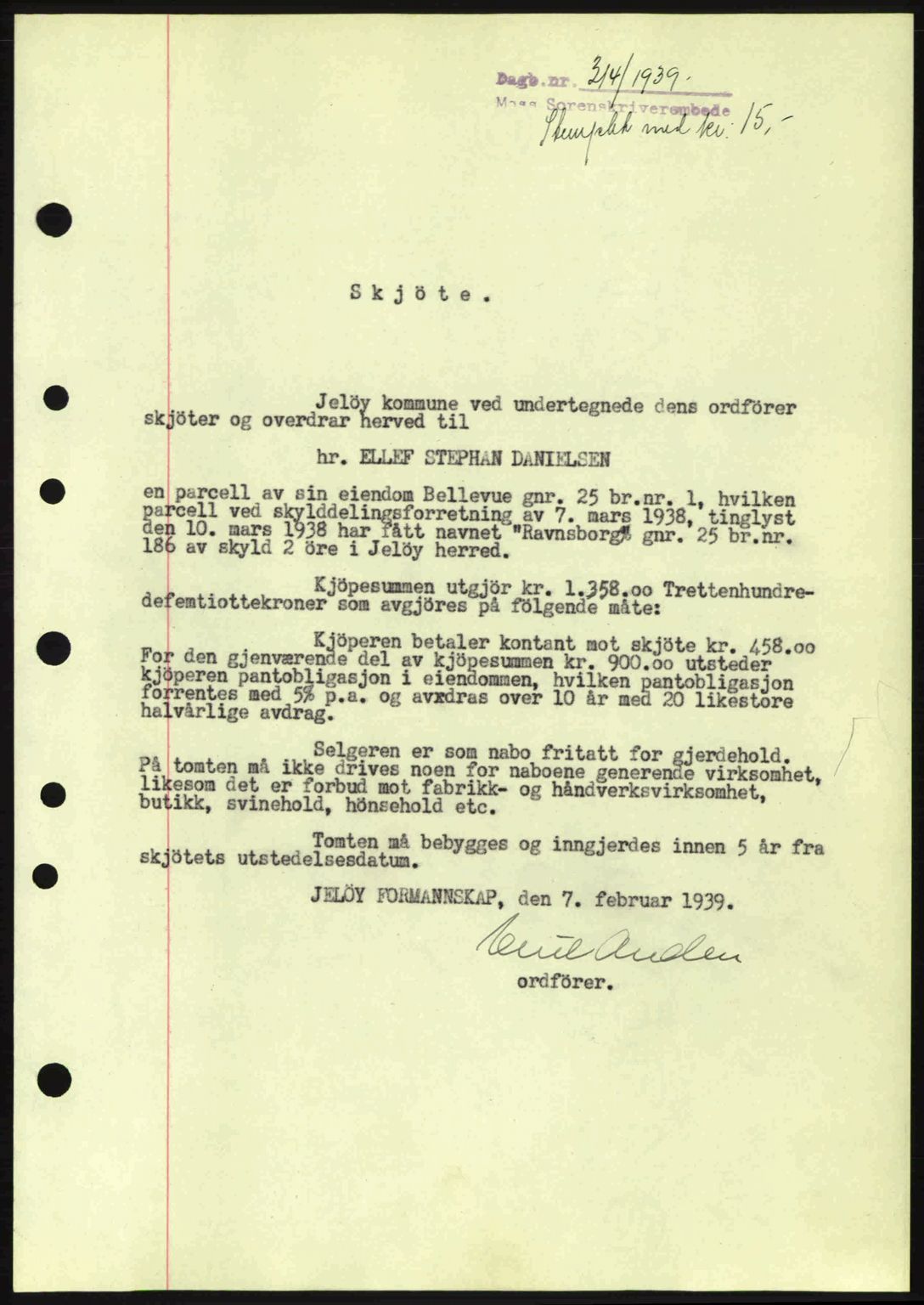 Moss sorenskriveri, SAO/A-10168: Pantebok nr. A5, 1938-1939, Dagboknr: 314/1939