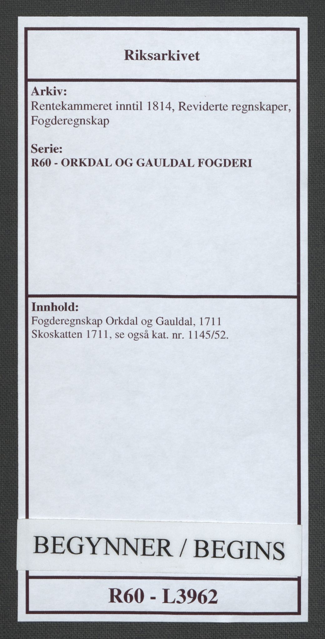 Rentekammeret inntil 1814, Reviderte regnskaper, Fogderegnskap, RA/EA-4092/R60/L3962: Fogderegnskap Orkdal og Gauldal, 1711, s. 1