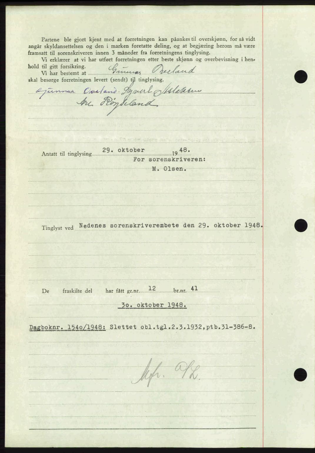 Nedenes sorenskriveri, SAK/1221-0006/G/Gb/Gba/L0059: Pantebok nr. A11, 1948-1948, Dagboknr: 1539/1948