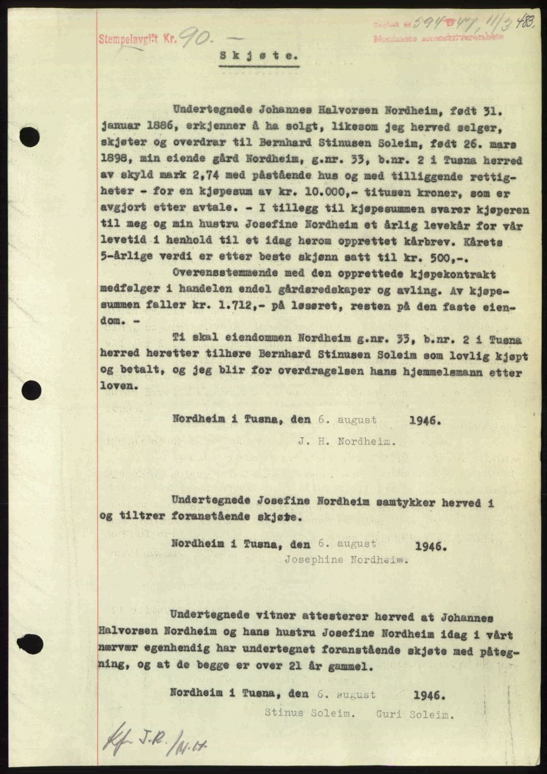 Nordmøre sorenskriveri, SAT/A-4132/1/2/2Ca: Pantebok nr. A104, 1947-1947, Dagboknr: 594/1947