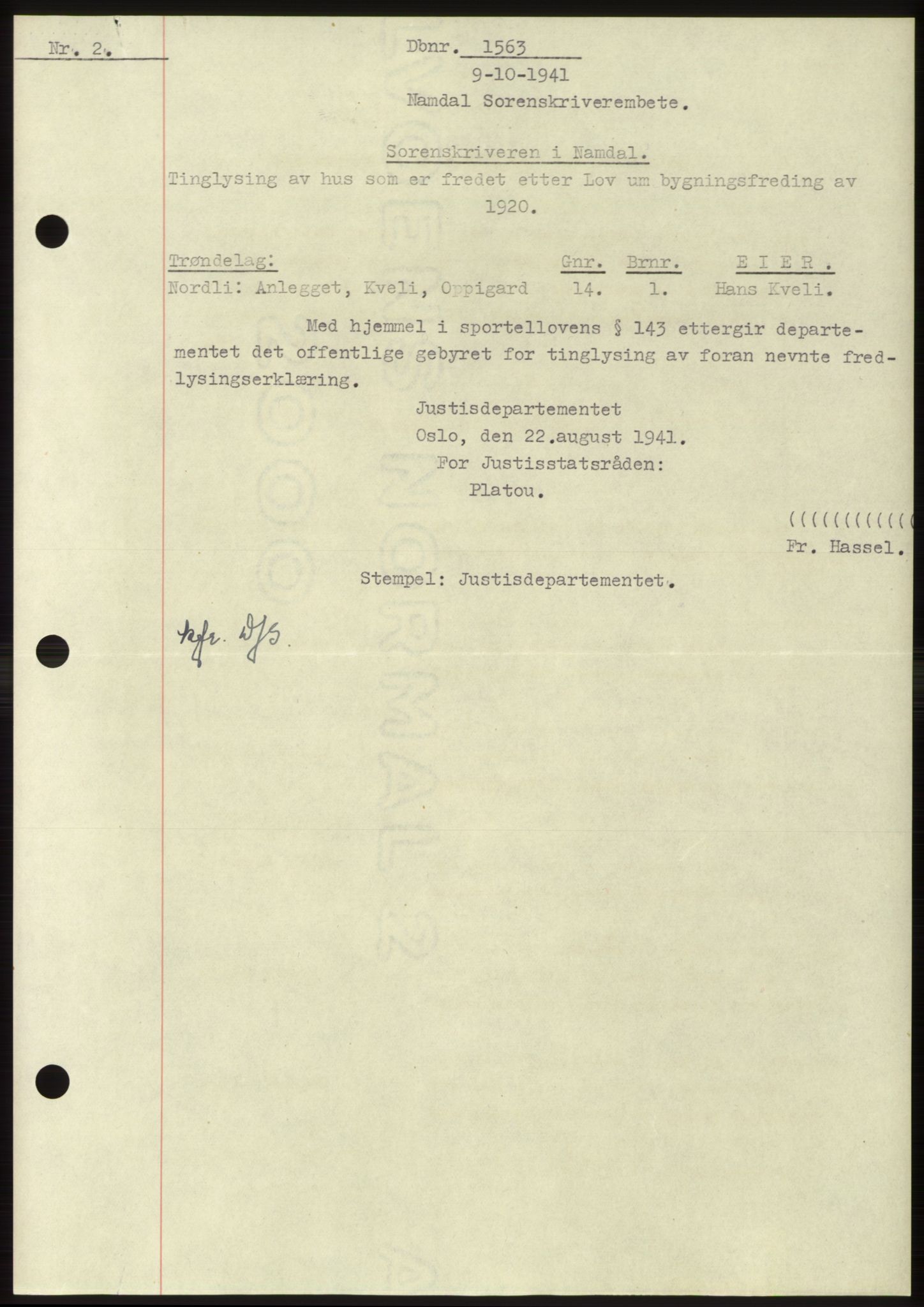 Namdal sorenskriveri, SAT/A-4133/1/2/2C: Pantebok nr. -, 1941-1942, Dagboknr: 1563/1941