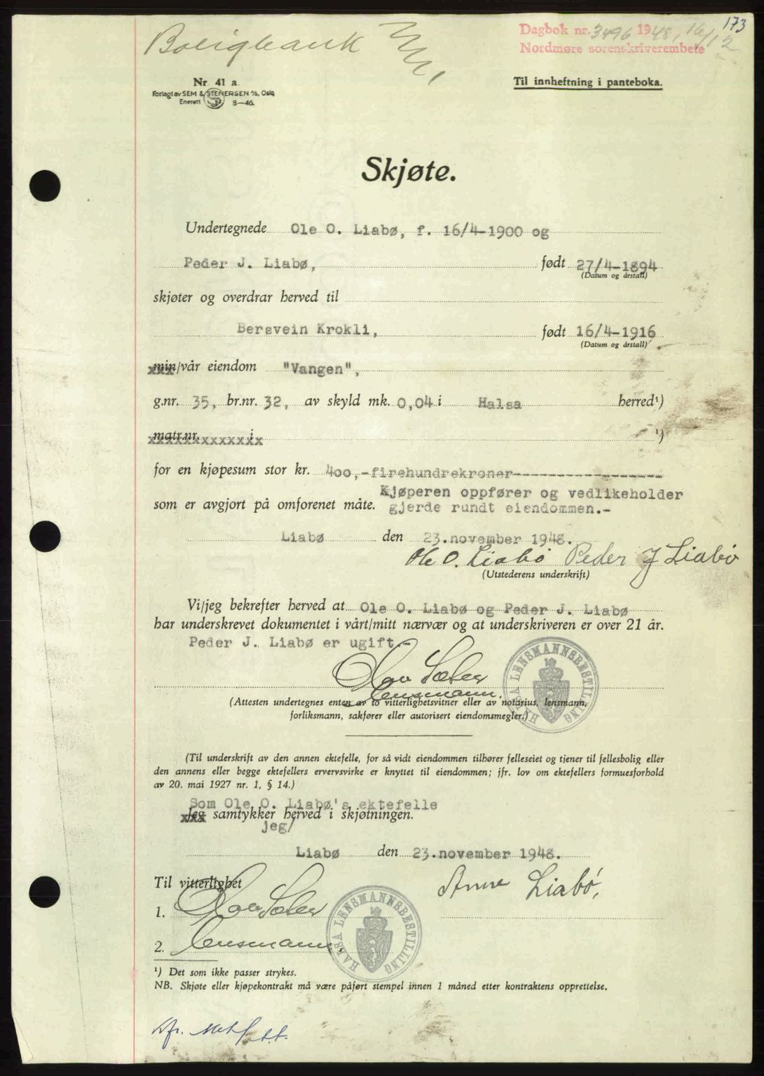 Nordmøre sorenskriveri, AV/SAT-A-4132/1/2/2Ca: Pantebok nr. A110, 1948-1949, Dagboknr: 3496/1948