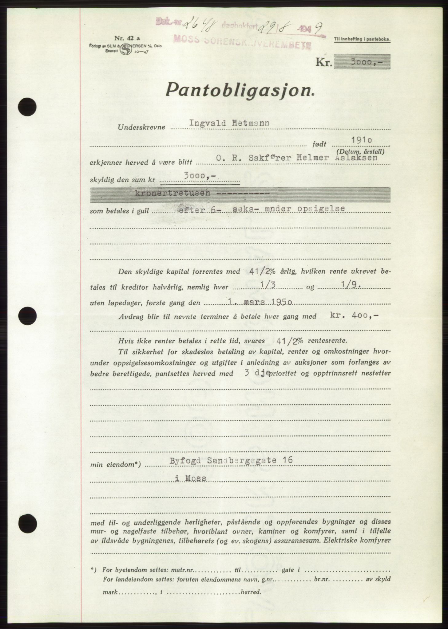 Moss sorenskriveri, SAO/A-10168: Pantebok nr. B22, 1949-1949, Dagboknr: 2648/1949