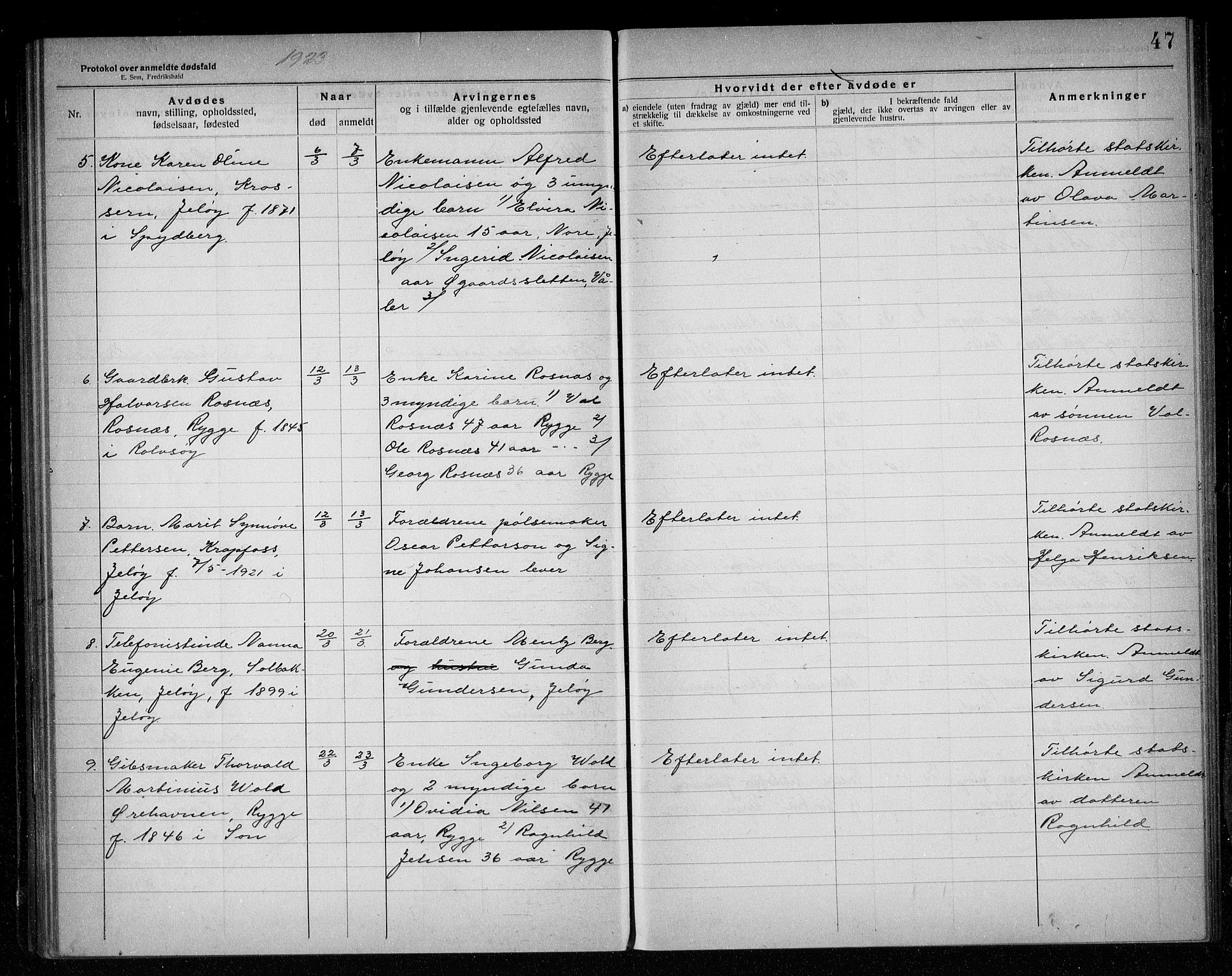 Rygge lensmannskontor, AV/SAO-A-10005/H/Ha/Haa/L0007: Dødsfallsprotokoll, 1920-1925, s. 47