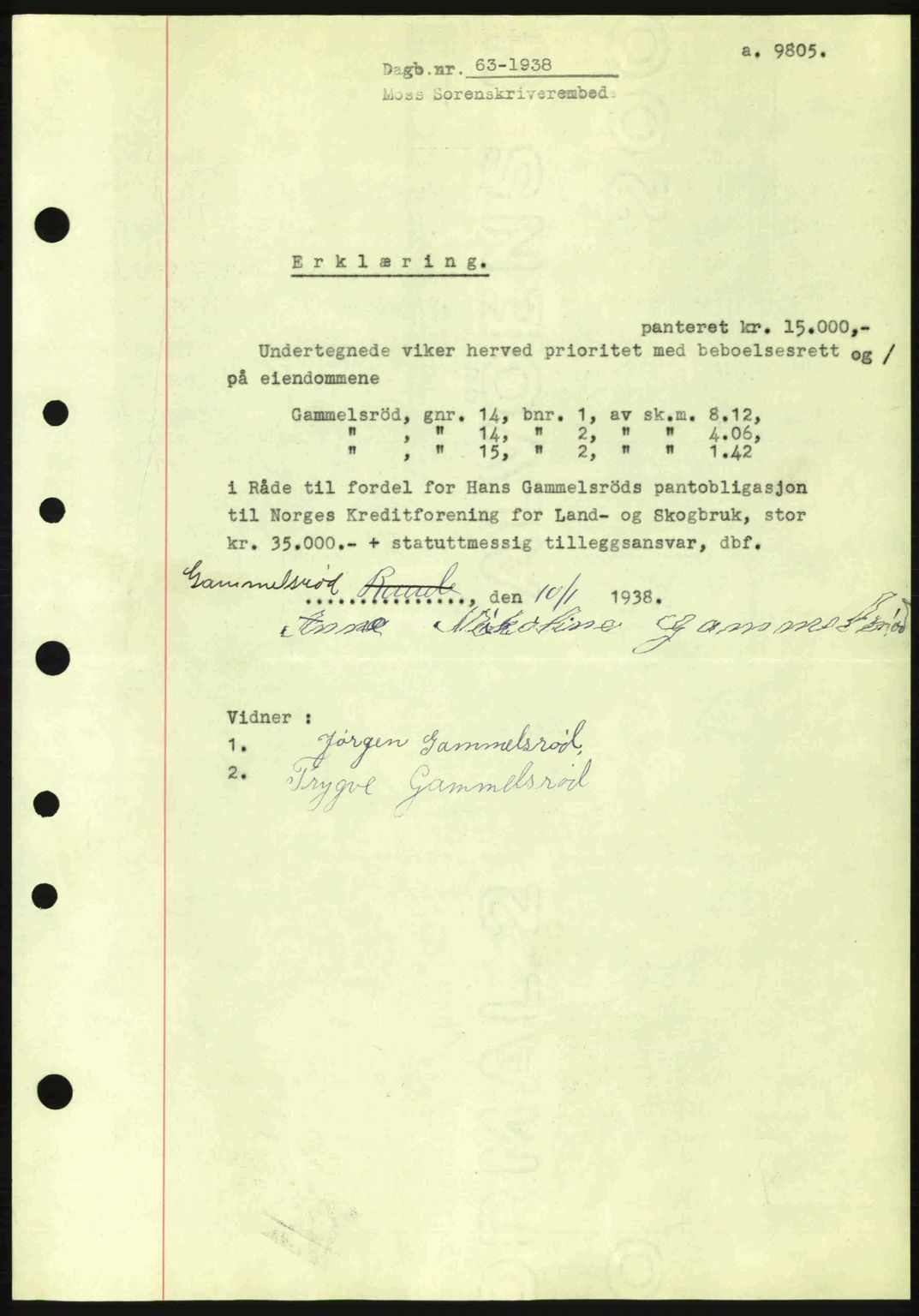 Moss sorenskriveri, SAO/A-10168: Pantebok nr. B4, 1937-1938, Dagboknr: 63/1938