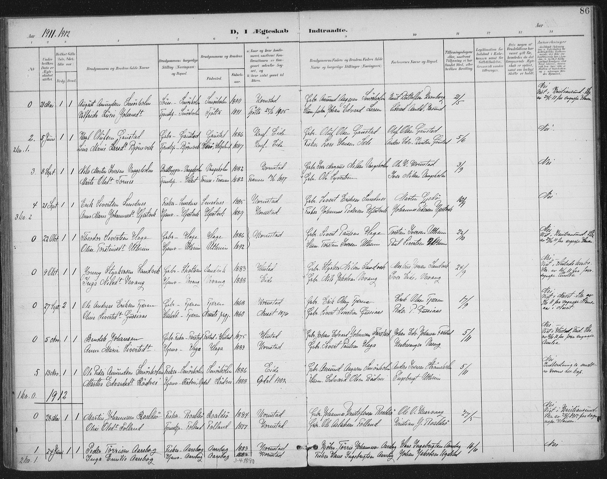 Ministerialprotokoller, klokkerbøker og fødselsregistre - Møre og Romsdal, AV/SAT-A-1454/570/L0833: Ministerialbok nr. 570A07, 1901-1914, s. 86