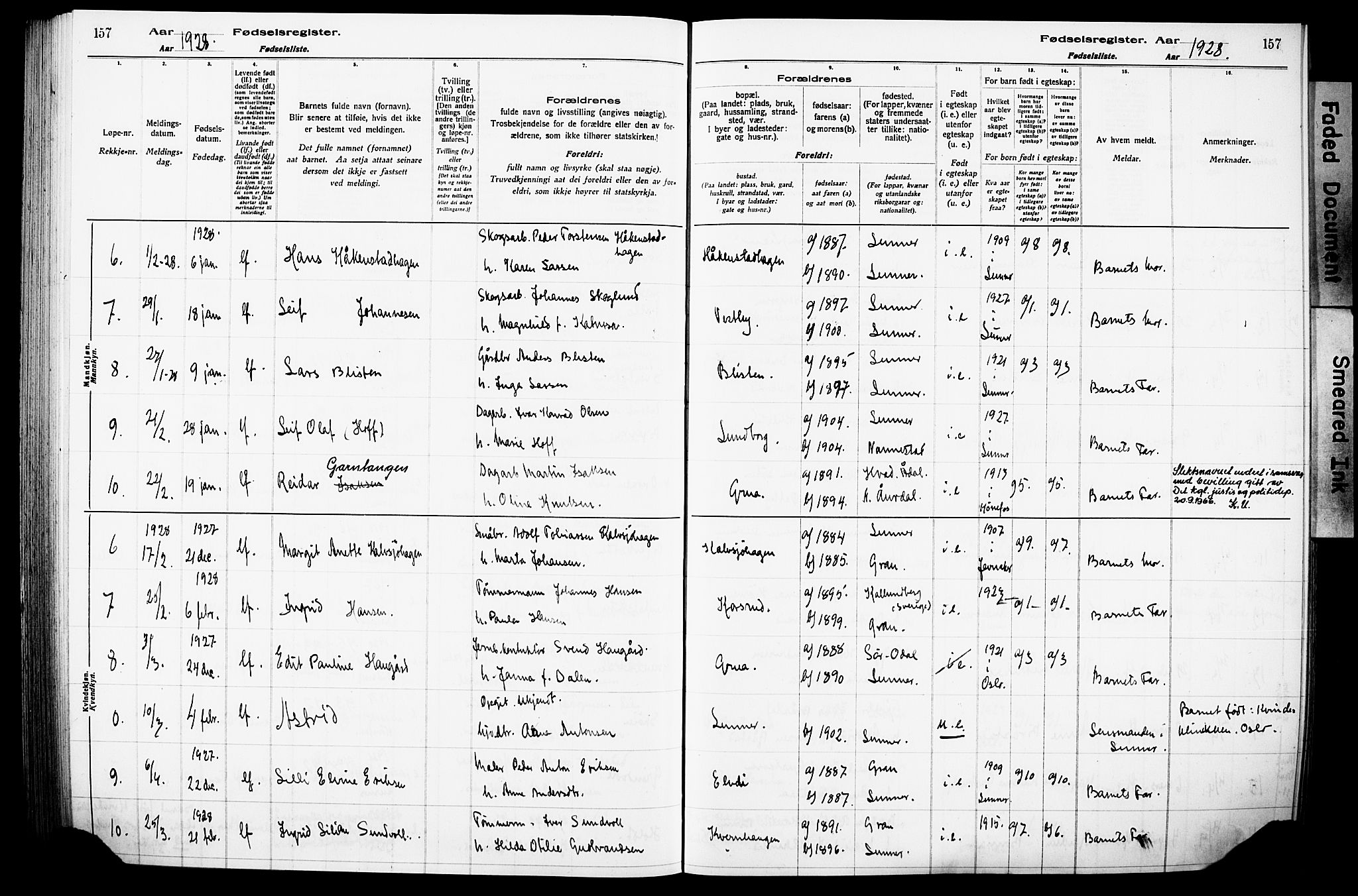 Lunner prestekontor, SAH/PREST-118/I/Id/L0001: Fødselsregister nr. 1, 1916-1932, s. 157