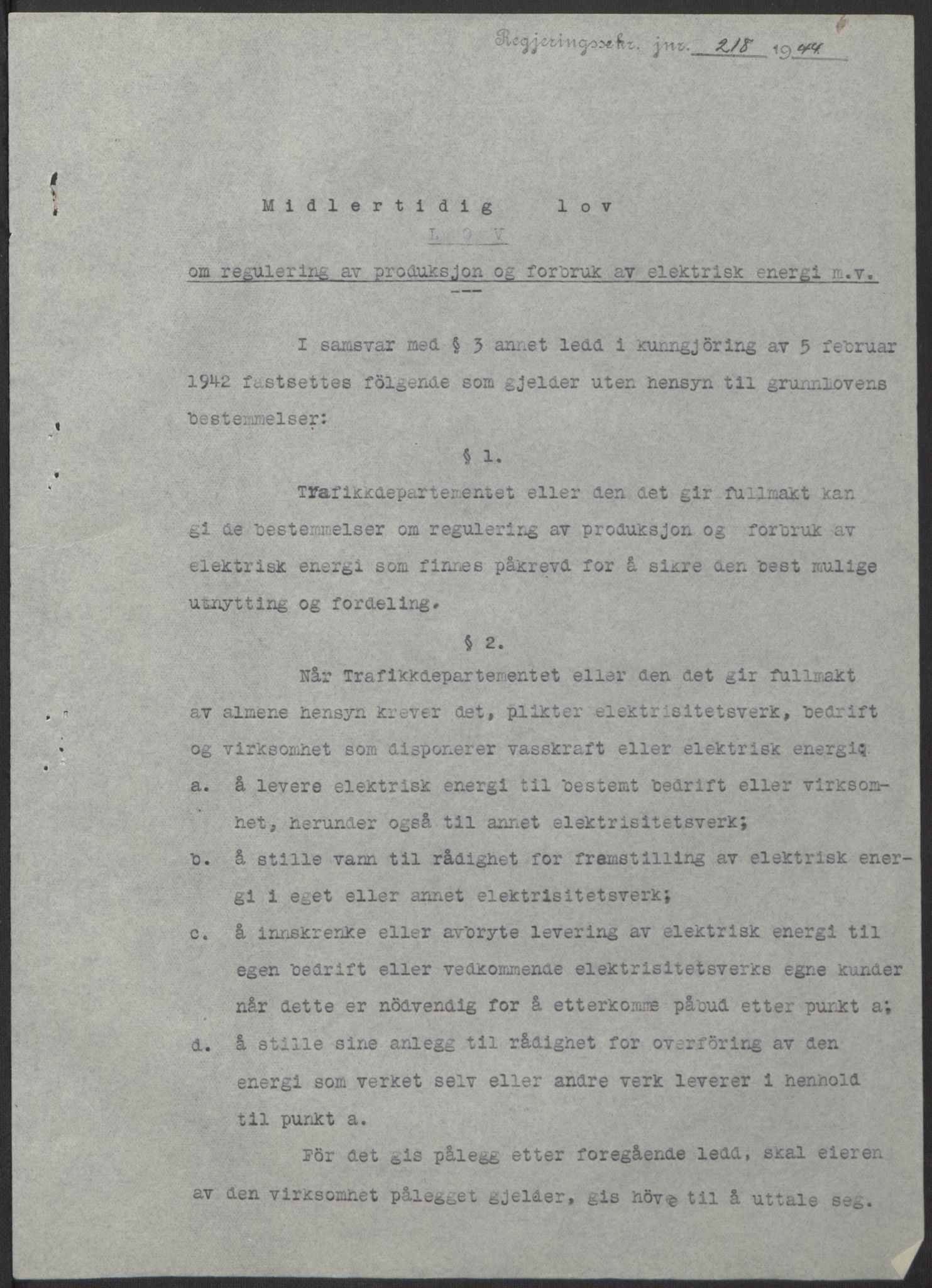 NS-administrasjonen 1940-1945 (Statsrådsekretariatet, de kommisariske statsråder mm), AV/RA-S-4279/D/Db/L0100: Lover, 1944, s. 386