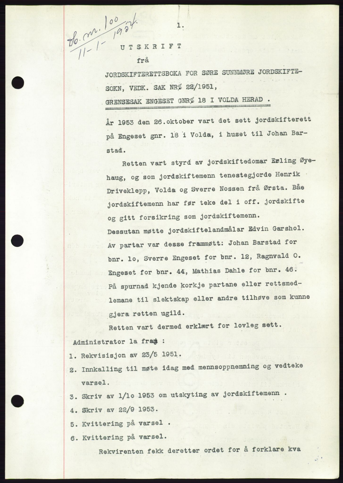 Søre Sunnmøre sorenskriveri, SAT/A-4122/1/2/2C/L0096: Pantebok nr. 22A, 1953-1954, Dagboknr: 100/1954