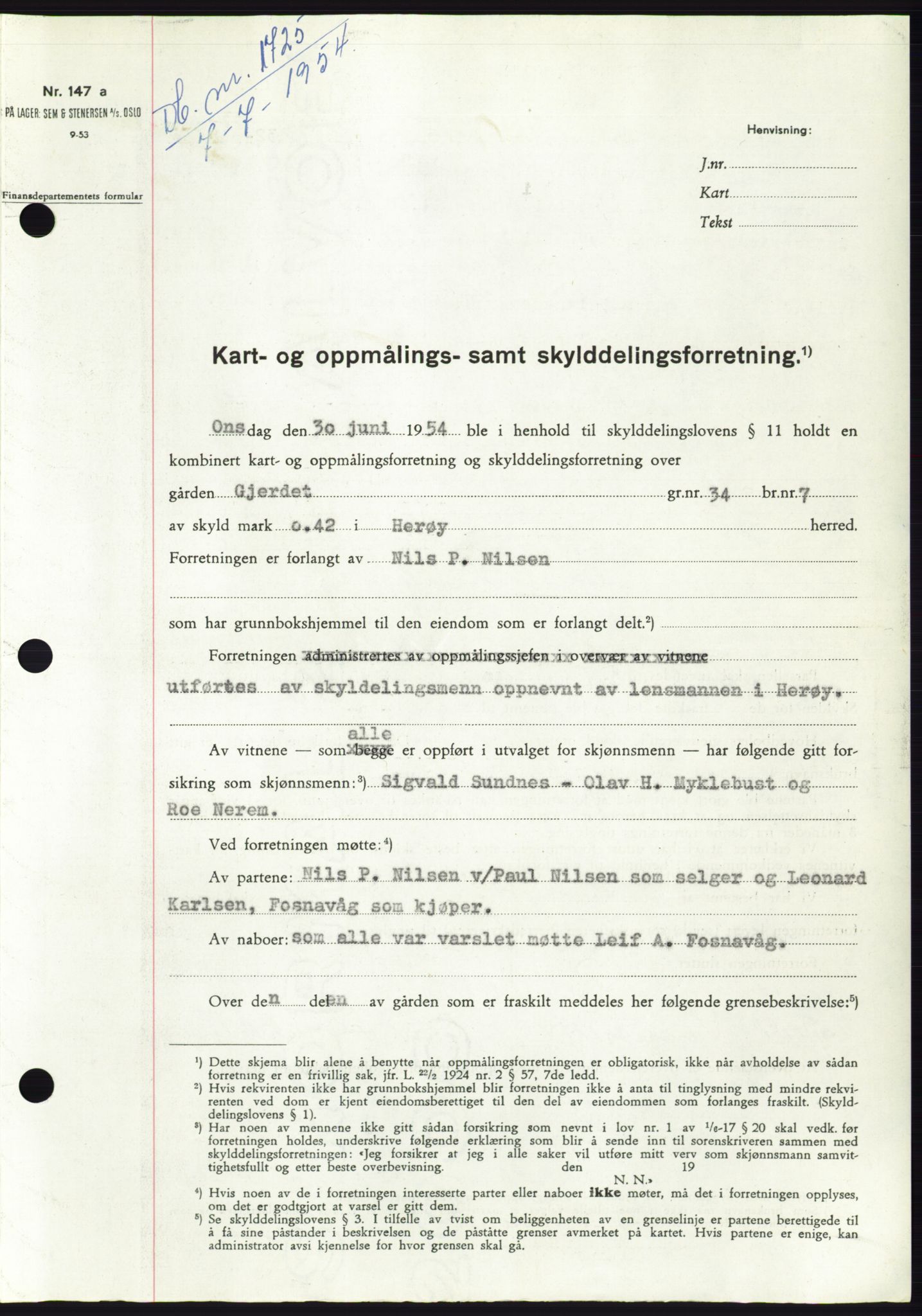 Søre Sunnmøre sorenskriveri, SAT/A-4122/1/2/2C/L0098: Pantebok nr. 24A, 1954-1954, Dagboknr: 1725/1954