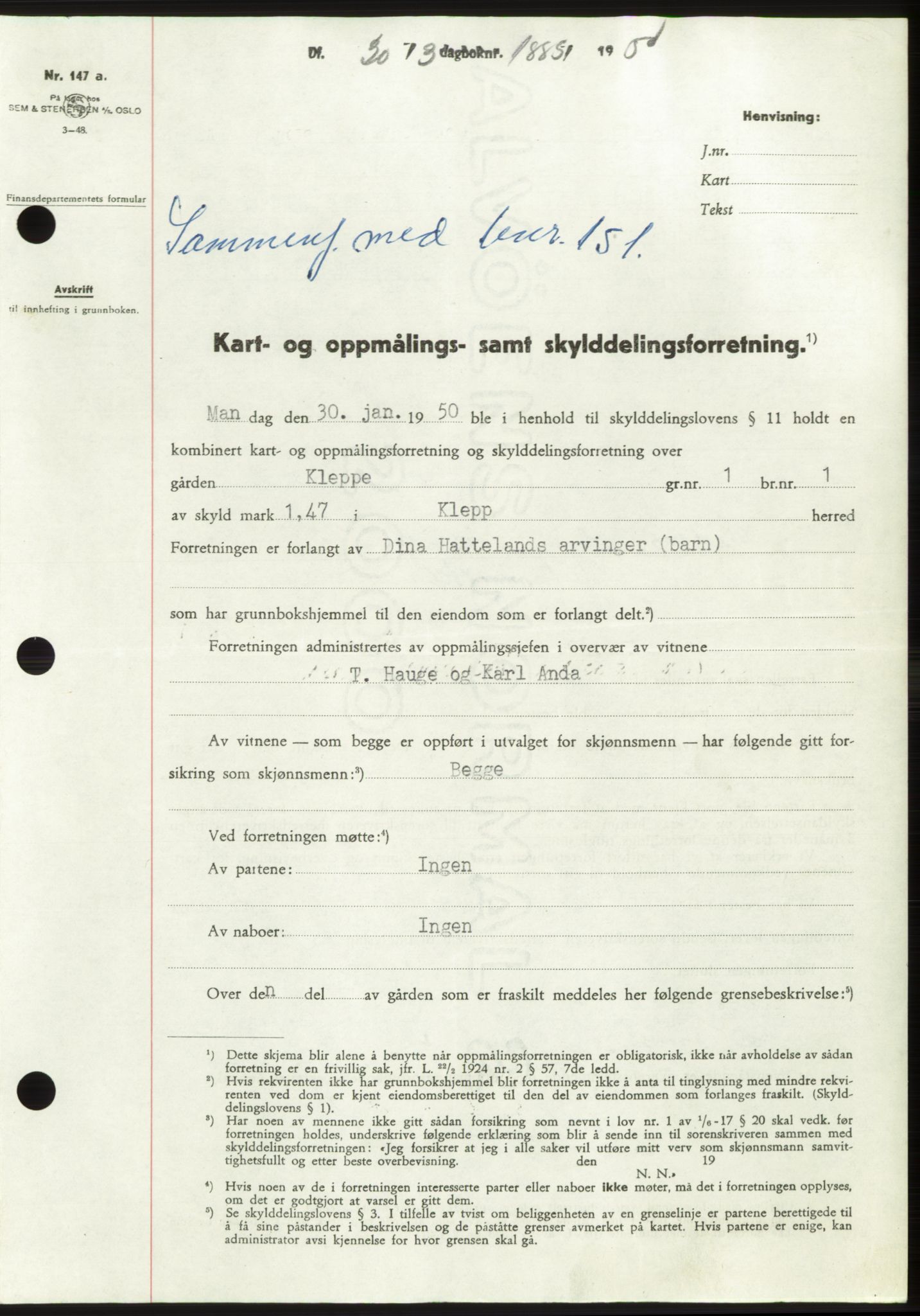Jæren sorenskriveri, SAST/A-100310/03/G/Gba/L0107: Pantebok, 1950-1950, Dagboknr: 1885/1950