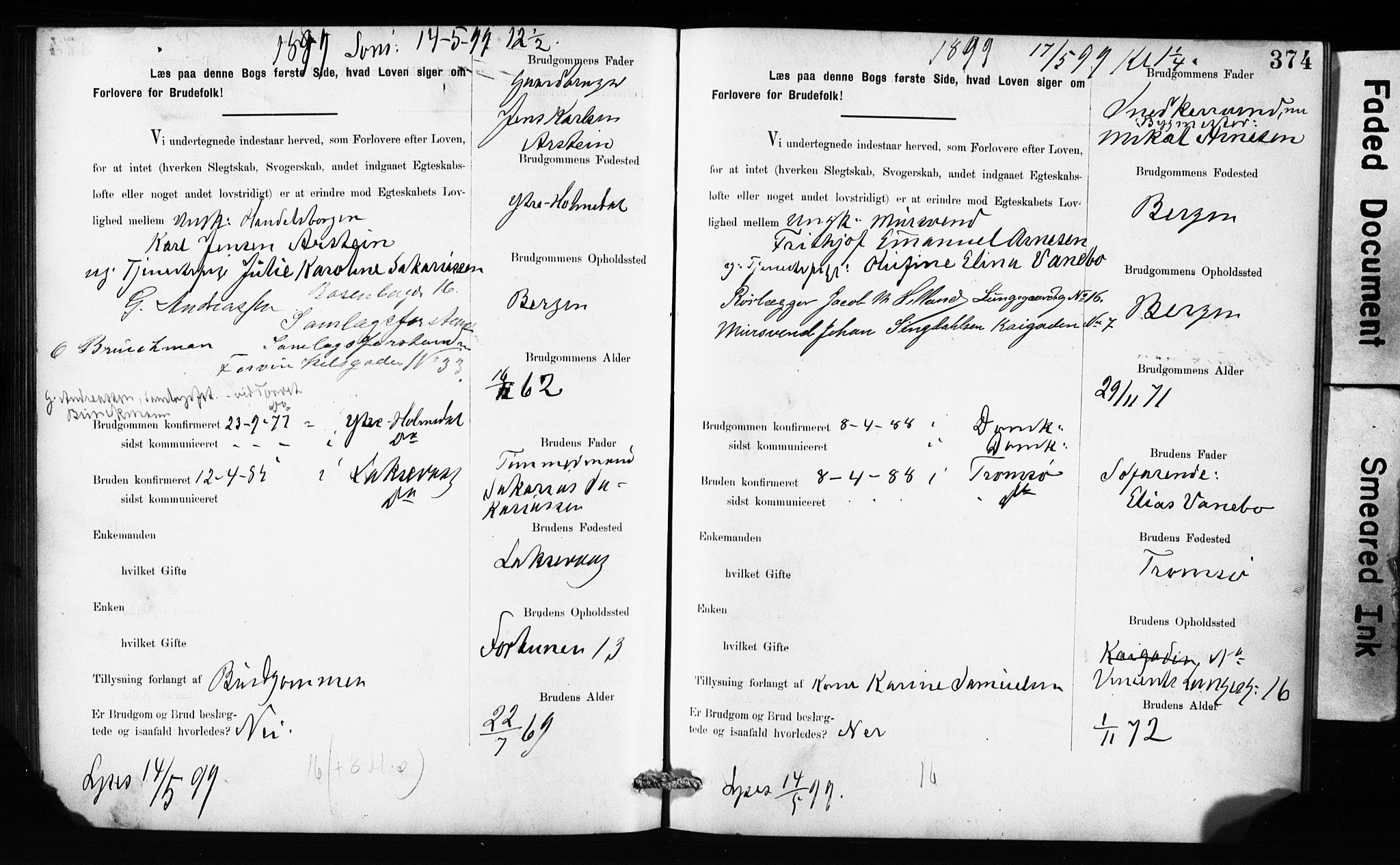 Domkirken sokneprestembete, SAB/A-74801: Forlovererklæringer nr. II.5.10, 1890-1899, s. 374
