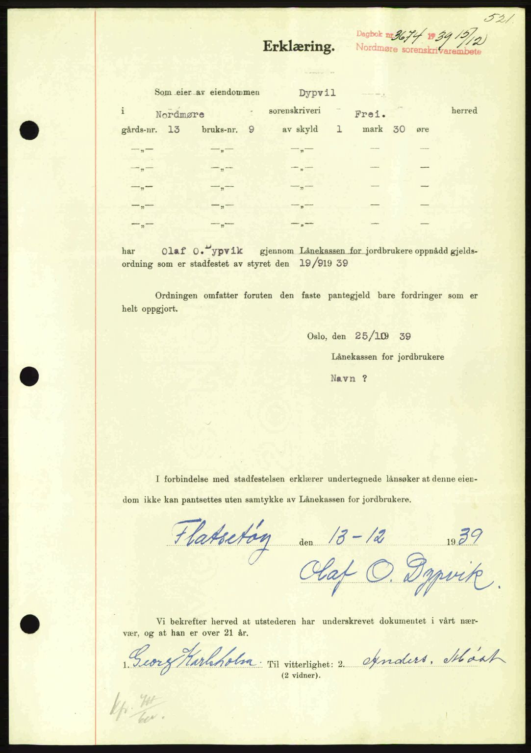 Nordmøre sorenskriveri, AV/SAT-A-4132/1/2/2Ca: Pantebok nr. B86, 1939-1940, Dagboknr: 3674/1939