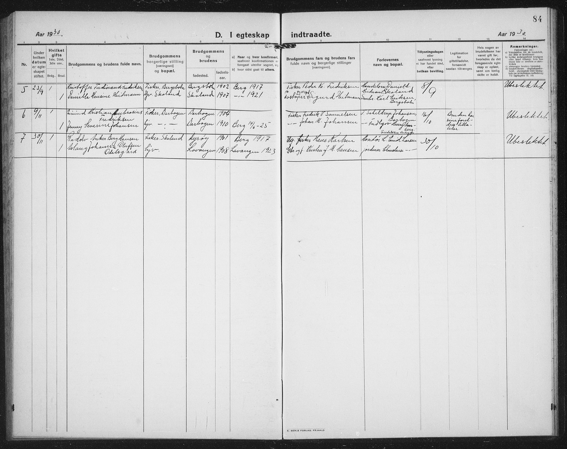 Berg sokneprestkontor, AV/SATØ-S-1318/G/Ga/Gab/L0007klokker: Klokkerbok nr. 7, 1922-1936, s. 84