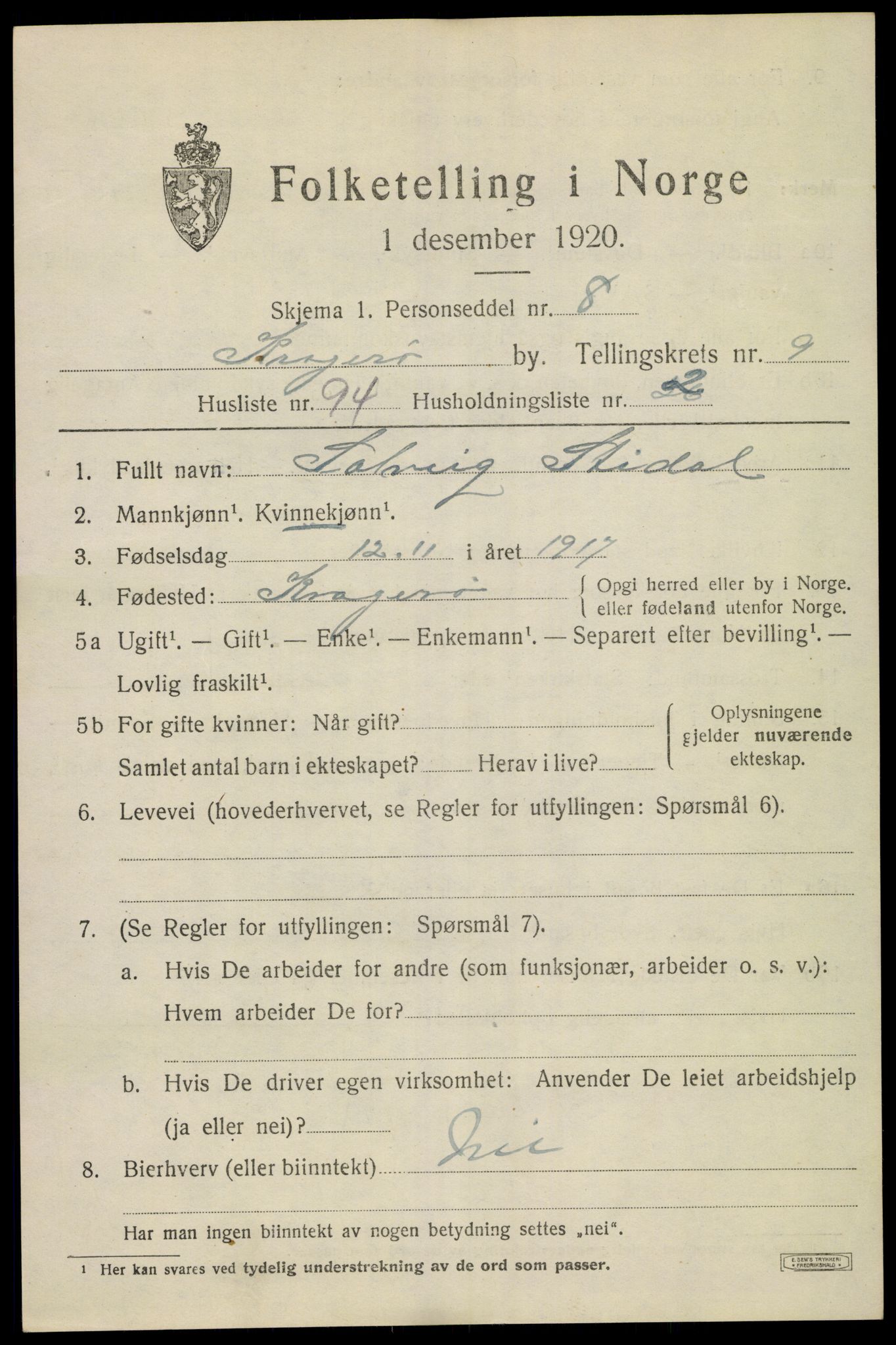 SAKO, Folketelling 1920 for 0801 Kragerø kjøpstad, 1920, s. 12985